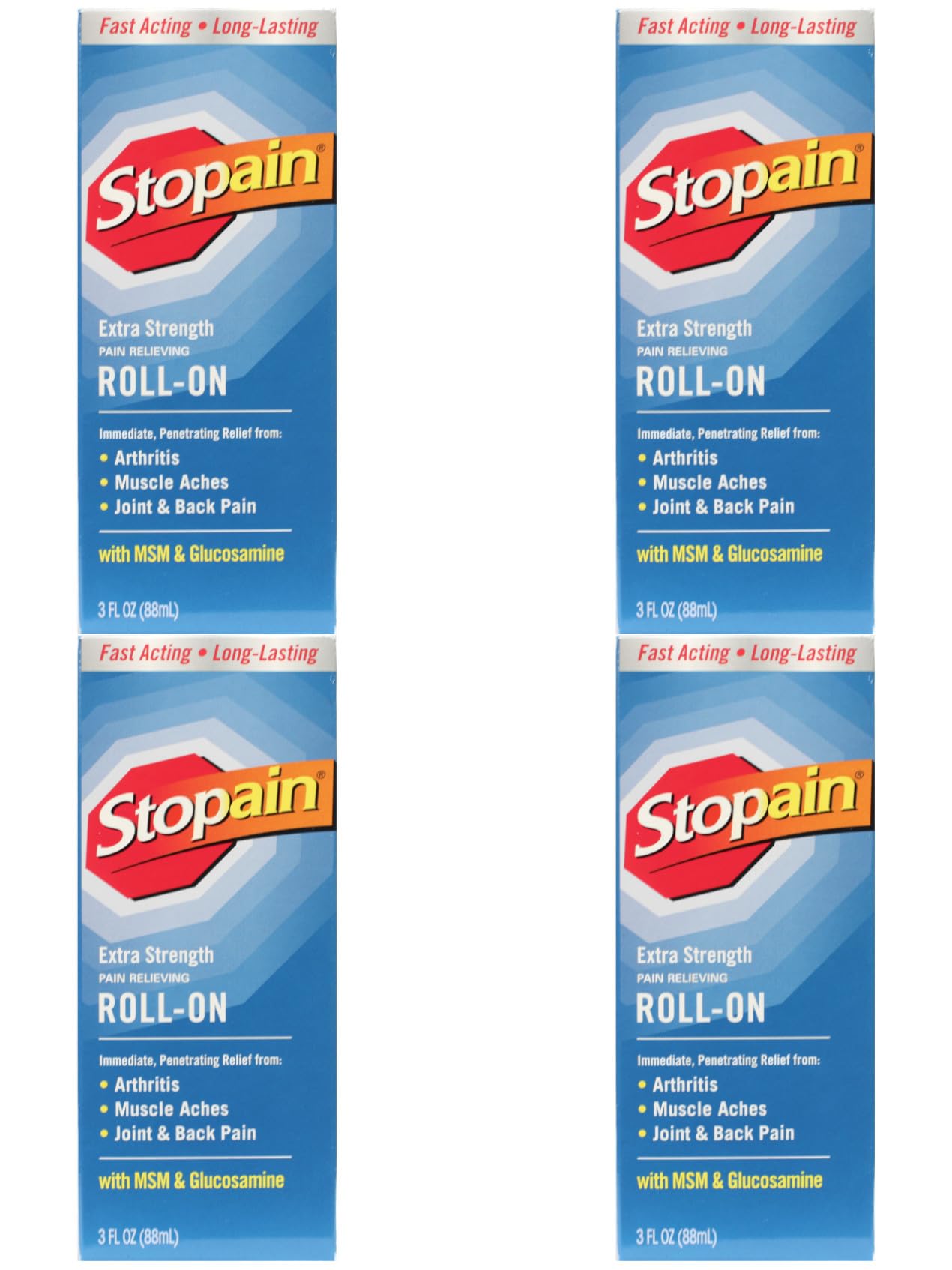 Stopain Pain Relief Roll On Gel 3oz (4 Pack) USA Made, Max Strength Fast Acting with MSM, Glucosamine, Menthol for Lower Back, Knee, Neck, HSA FSA Approved Topical Analgesic Products StopainAu supplements