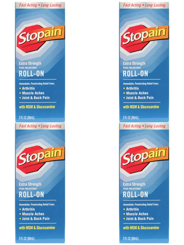 Stopain Pain Relief Roll On Gel 3oz (4 Pack) USA Made, Max Strength Fast Acting with MSM, Glucosamine, Menthol for Lower Back, Knee, Neck, HSA FSA Approved Topical Analgesic Products StopainAu supplements