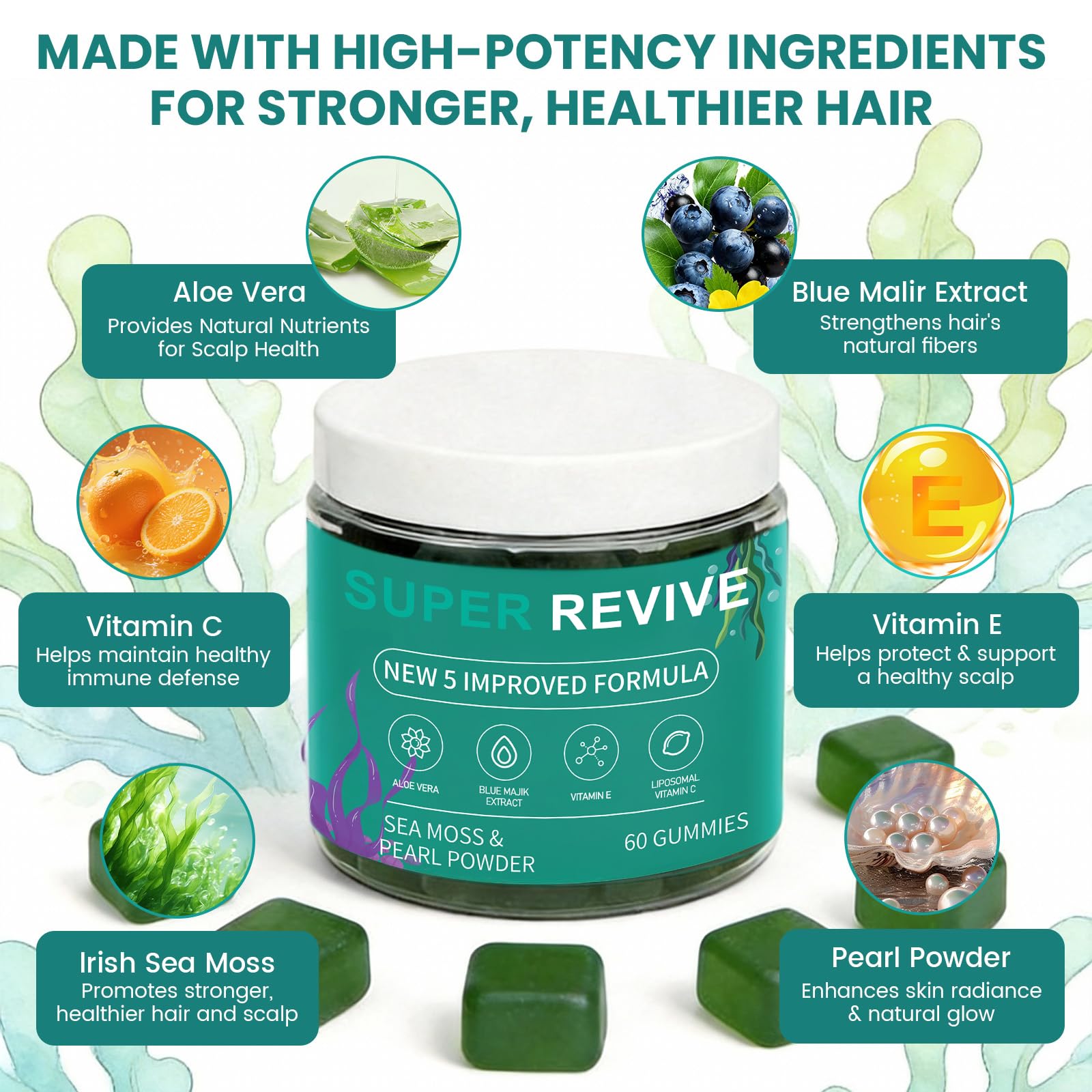 caicieter Super Revive Gummies for Hair Loss - Sea Moss Gummies with Vitamin C, E, Aloe Vera & Pearl Powder Glow, Promotes Thicker, Fuller & Stronger Hair - 60 Count caicieterAu supplements