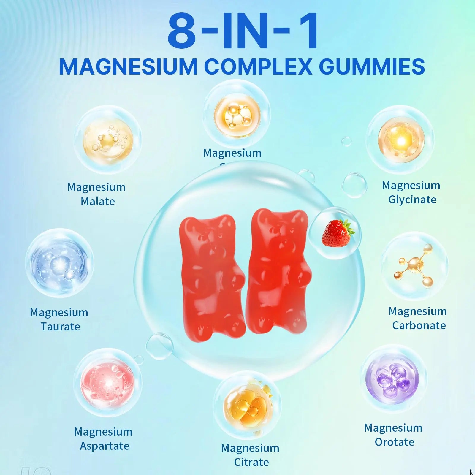 Magnesium Complex Gummies for Women Men 8 in 1, Magnesium Glycinate, Citrate, Malate, Taurate, Supports Bones, Muscle, Nerve Health, Sugar-Free, Vegan Non-GMO, Strawberry Flavor, 120 Count HUUAYAOnz supplements