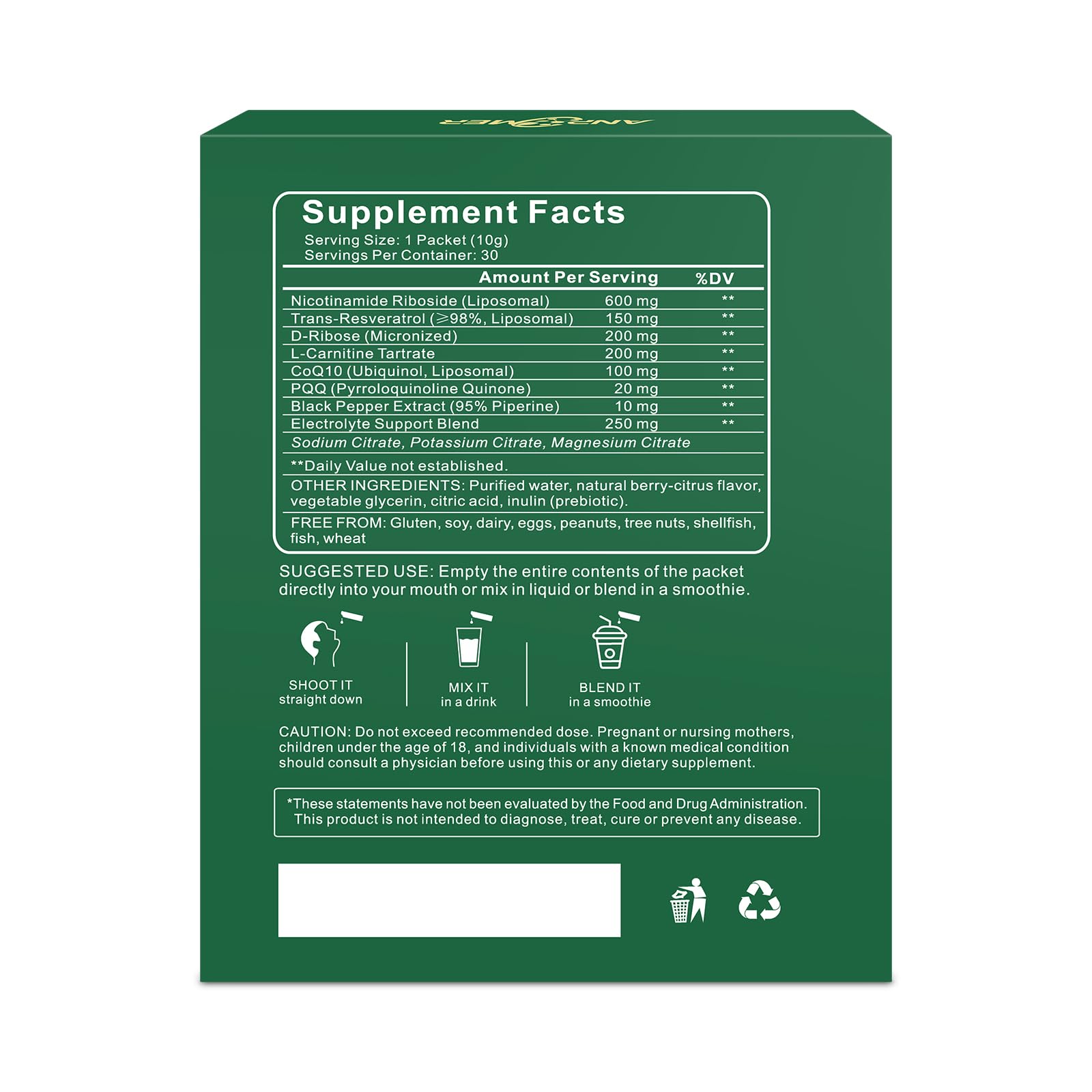 ANPOMER NAD Supplement with Liposomal Nicotinamide Riboside 600mg, Resveratrol, CoQ10, PQQ & D-Ribose, Electrolyte Blend, 30 Liquid Packets ANPOMERAu supplements