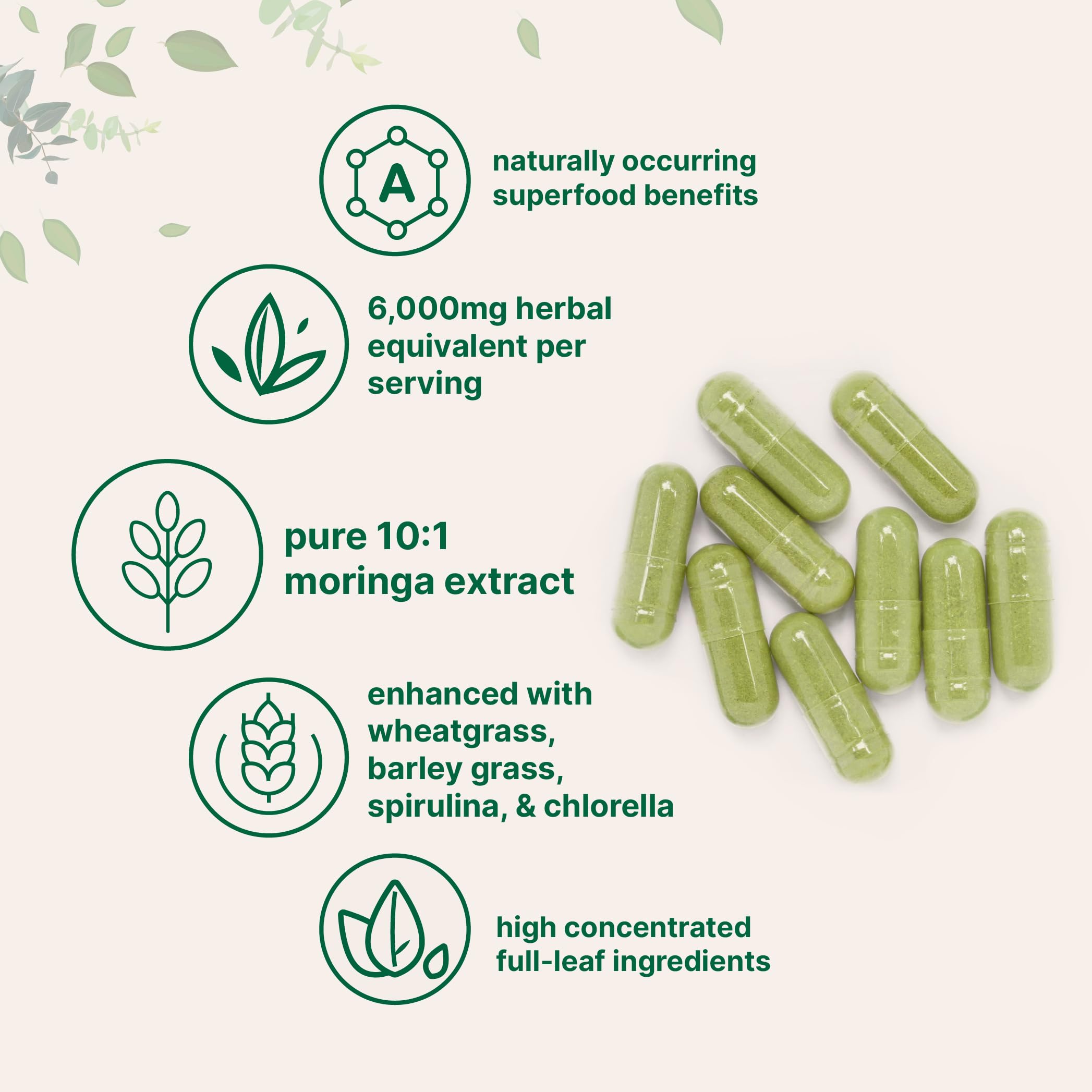 Micro Ingredients Moringa Oleifera | 300 Capsules with Supergreens Blend of Wheatgrass, Barley Grass, Spirulina, & Chlorella | Antioxidant Supplement, Energy, & Immune Support | Non-GMO Micro IngredientsAu supplements
