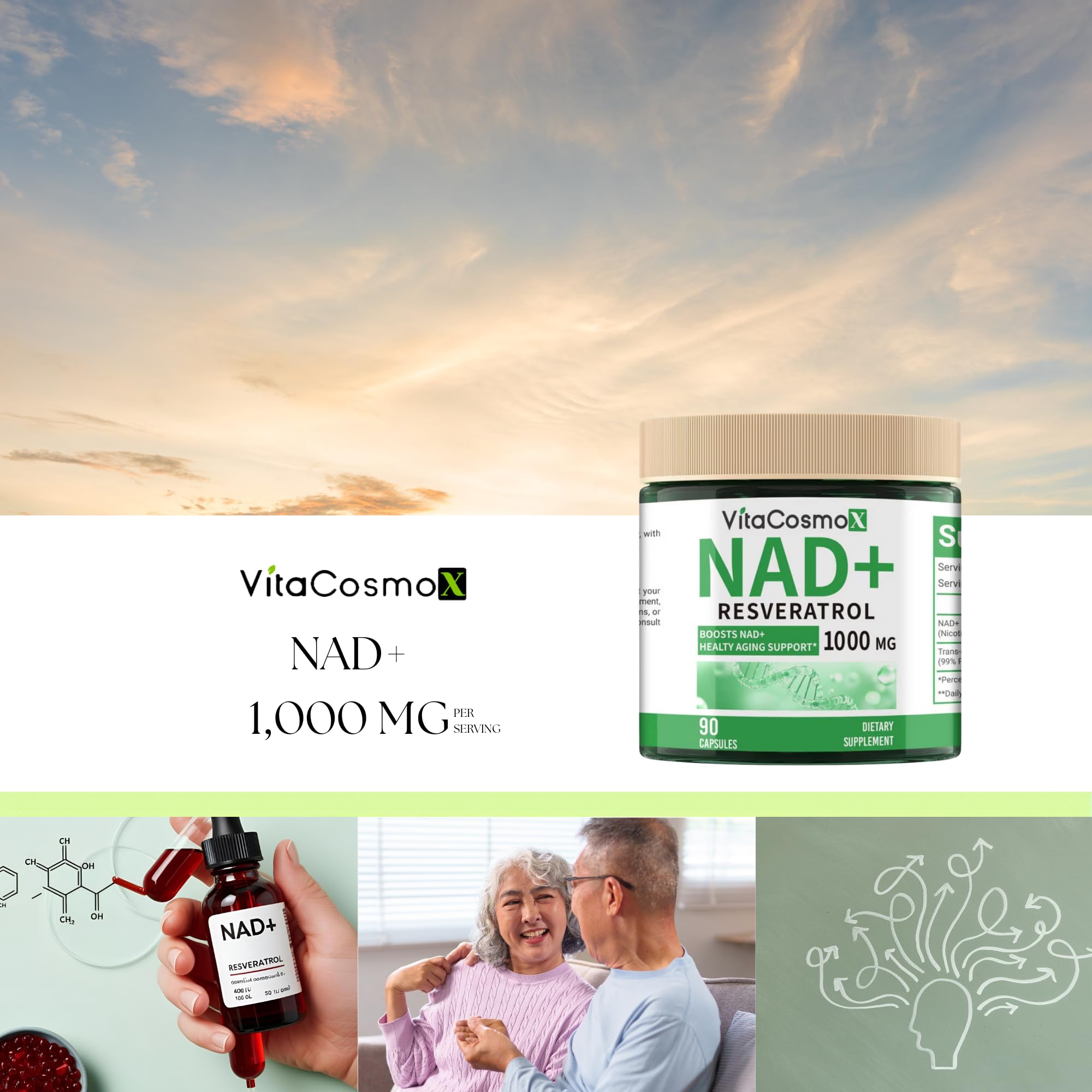 VitaCosmoX NAD+ with Resveratrol Similar to Nicotinamide Riboside Supplement, 1000 mg, 90 Capsules Vegan Non-GMO VitaCosmoXAu supplements