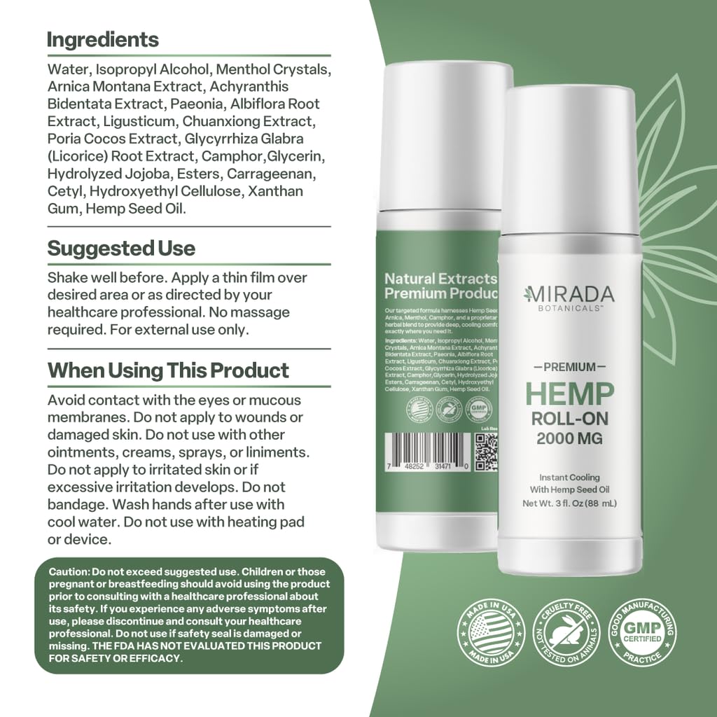 Mirada Botanicals Hemp Cooling Relief Roll-On – 2000mg - Menthol & Arnica – Muscle & Joint Support Mirada BotanicalsAu supplements