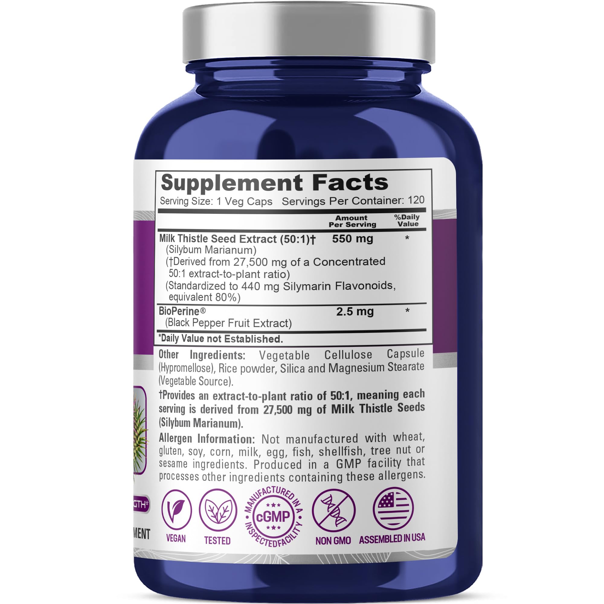 NusaPure Milk Thistle 50:1 Extract, 550 mg Equivalent to 27,500mg 120 Veggie Capsules Non-GMO, Vegan Max Strength - Standardized 80% Silymarin, Bioperine NusaPureAu supplements