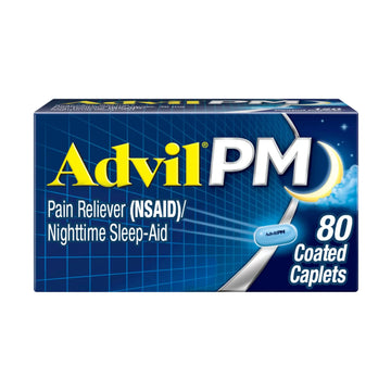 Advil PM Pain Reliever and Nighttime Sleep Aid, Pain Medicine with Ibuprofen for Pain Relief and Diphenhydramine Citrate for a Sleep Aid - 80 Coated Caplets AdvilAu supplements