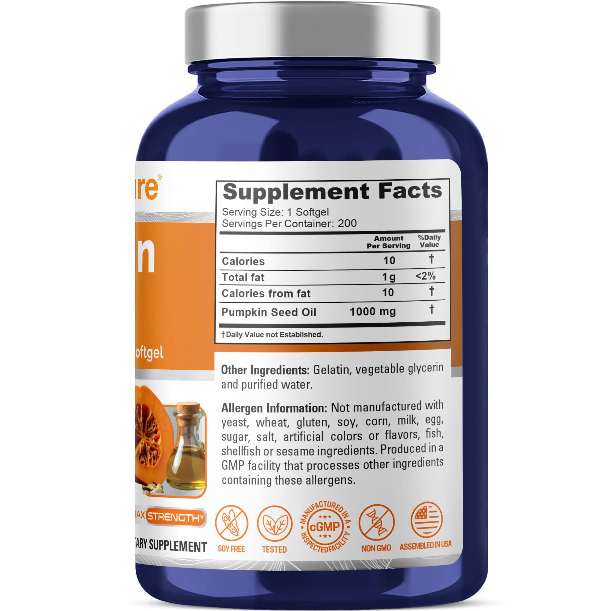 NusaPure Pumpkin Seed Oil 1000mg 200 Softgel Capsules (Non-GMO, Soyfree) Naturally Occurring Phytosterols NusaPureAu supplements
