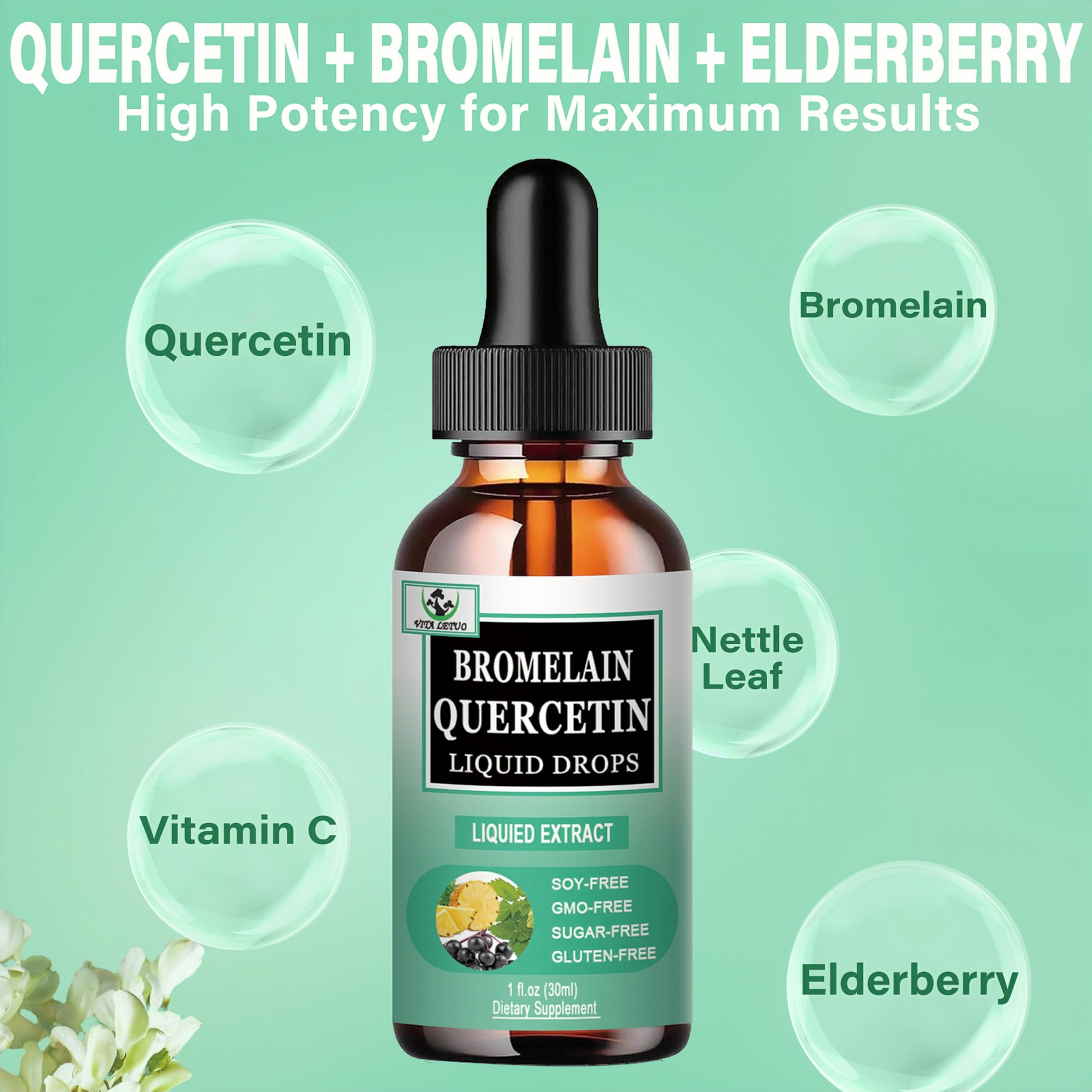 Quercetin Liquid Drops, Quercetin with Bromelain Elderberry Nettle Leaf Vitamin C Liquid Supplements, High Absorption Quercetin Liquid Drops for Women Men, Healthy Immune Antioxidant Support, Non-GMO Vita letuoAu supplements