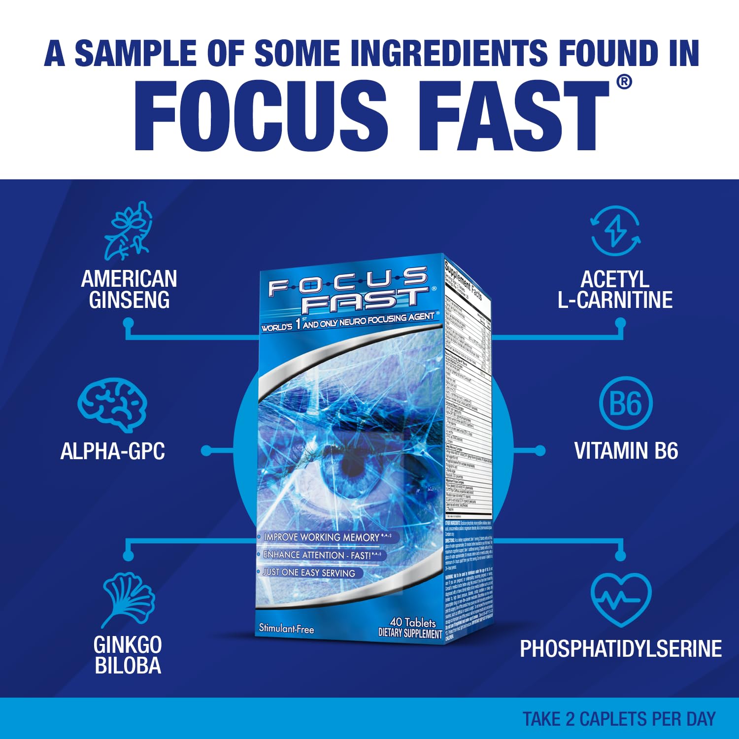 Focus Fast Brain Supplement - Improve Working Memory, Enhance Focus, Boost Cognition in as Little as 1 Hour. Caffeine/Stimulant Free Nootropic Focus FastAu supplements