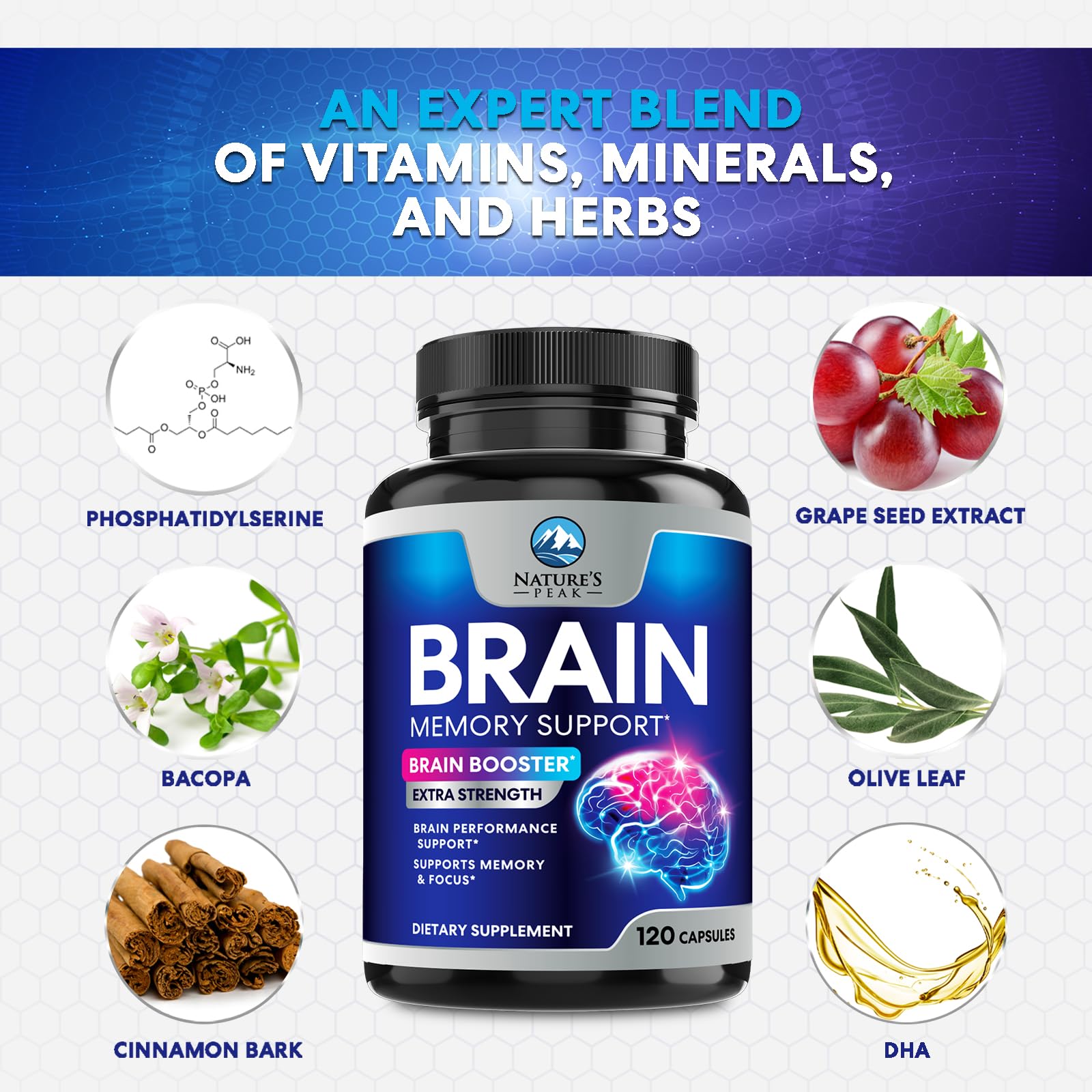 Brain Memory Supplement - 3X Strength Nootropics for Concentration, Clarity & Focus Support - Brain Health Cognitive Vitamins with Bacopa, Phosphatidylserine & DMAE, Brain Booster Pills, 120 Capsules Nature's PeakAu supplements