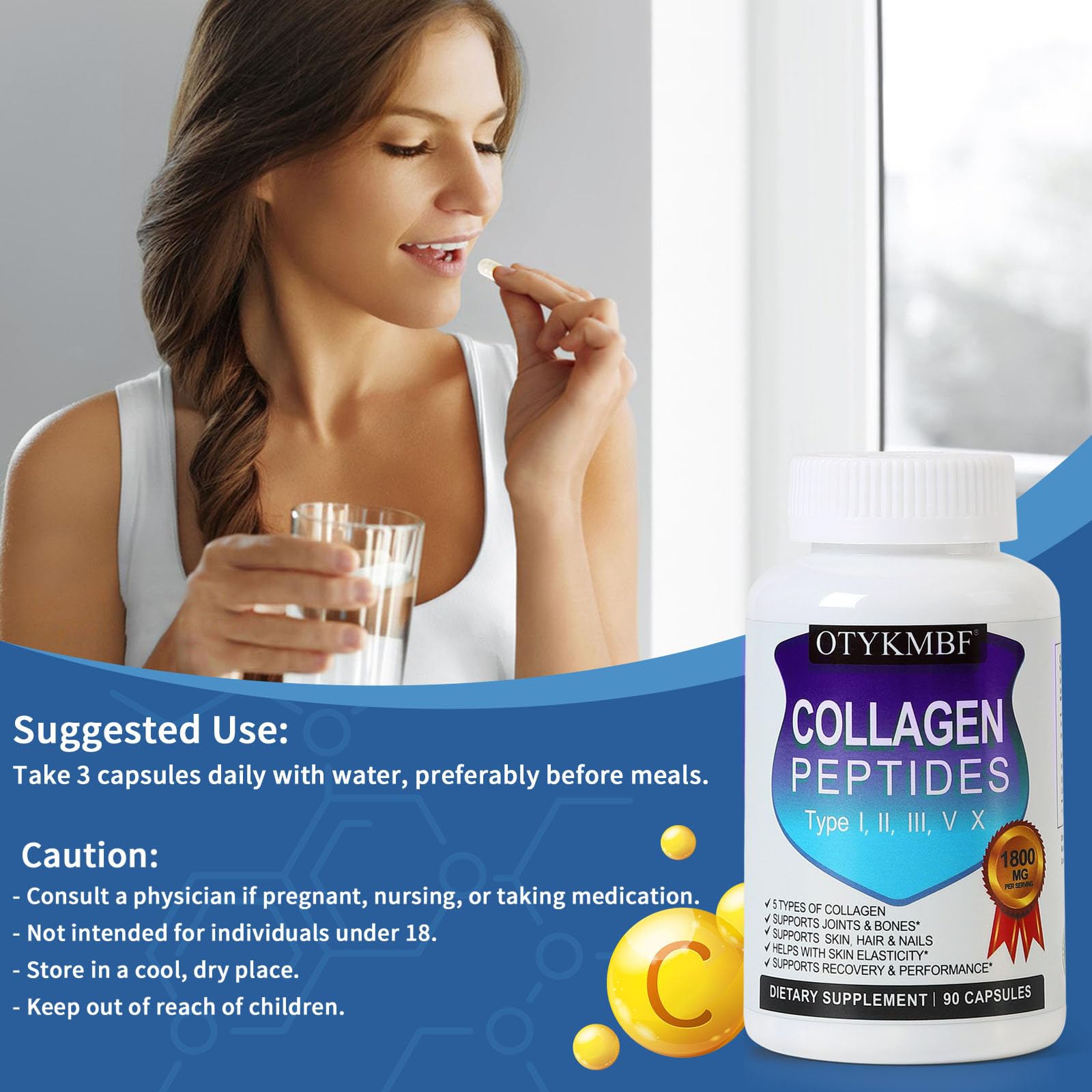 OTYKMBF Multi Collagen Peptides Pills 1800mg, Type I, II, III, V, X - Hydrolyzed Premium Collagen Complex Supports Skin, Joints, Hair & Nails, Hydrolyzed Protein for Women Men, 90 Capsules OTYKMBFAu supplements