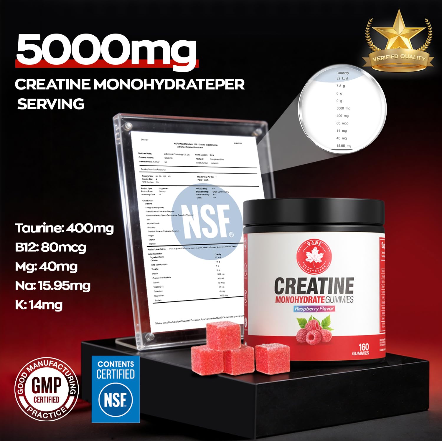 GABE SUNNYBEARS Creatine Gummies, NSF Certified, 5g Creatine Monohydrate per Serving with Taurine & B12, Raspberry Flavor, 160 Count, for Men & Women GABE SUNNYBEARSAu supplements