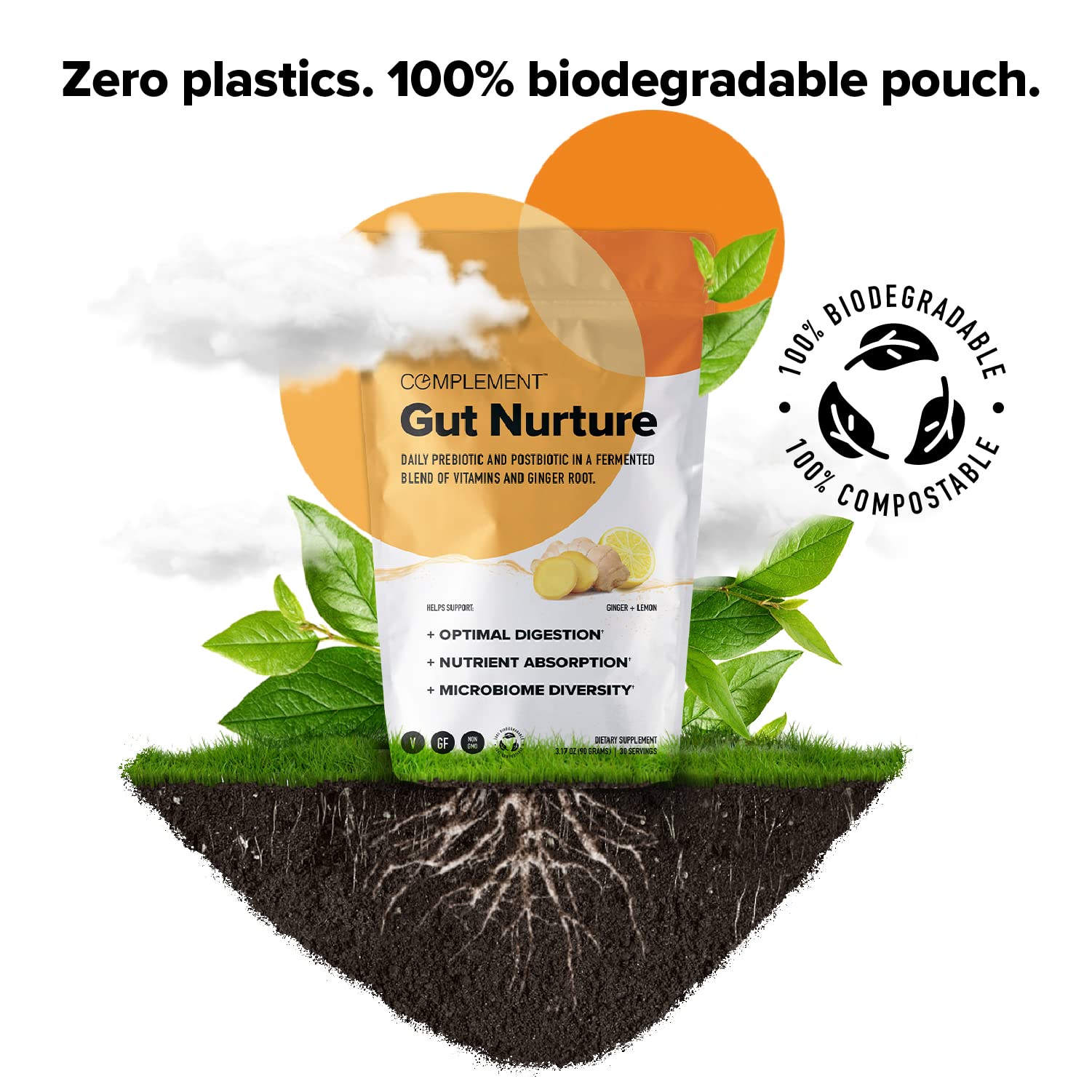 Complement Gut Nurture Prebiotic + Postbiotic Superfood Powder for Leaky Gut Repair, Probiotics for Digestive Health - Ginger Root - 30 Servings ComplementAu supplements