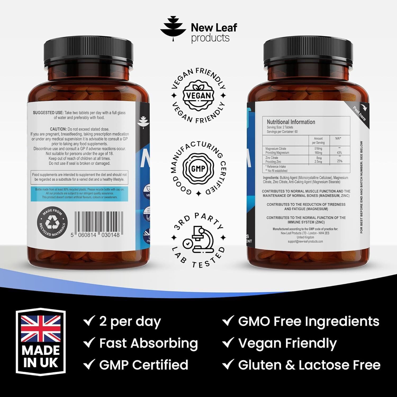 Magnesium Supplements 516mg With Zinc - 120 Magnesium Tablets Supports Muscle NEW LEAF PRODUCTSUS supplements