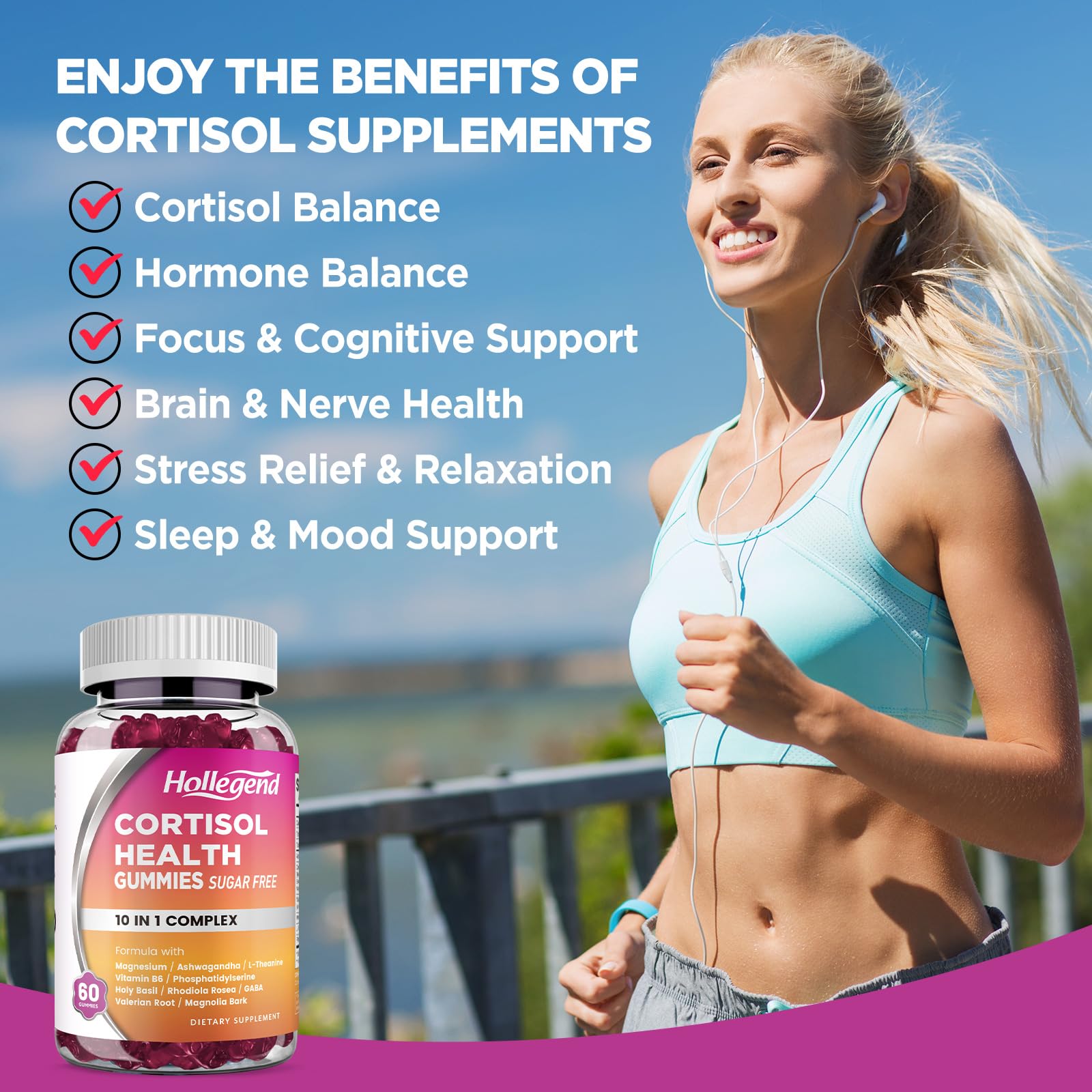 HOLLEGEND Cortisol Supplements for Women Men, Cortisol Gummies with Ashwagandha, Magnesium, L-Theanine, Phosphatidylserine, B6 for Cortisol Detox, Relaxation, Sleep, Focus, Sugar-Free, Vegan, 60 HOLLEGENDAu supplements