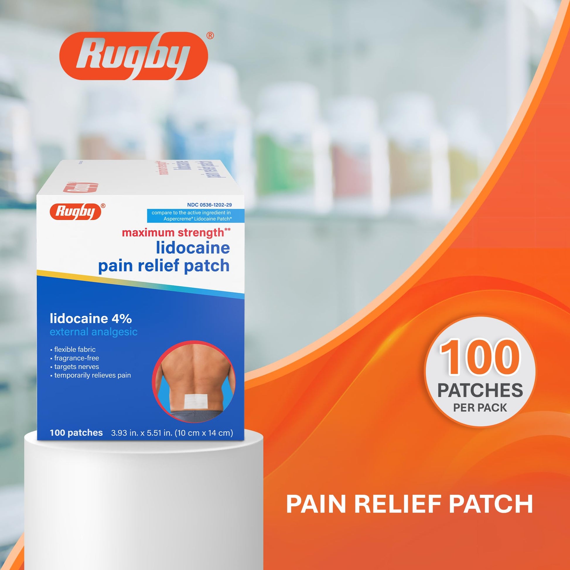 Rugby Maximum Strength 4% Lidocaine Pain Relief Patch- External Analgesic - Flexible Fabric, Fragrance-Free - Temporarily Relieves Pain - 100 Patches (10 cm x 14 cm Each) RUGBY LABORATORIESAu supplements
