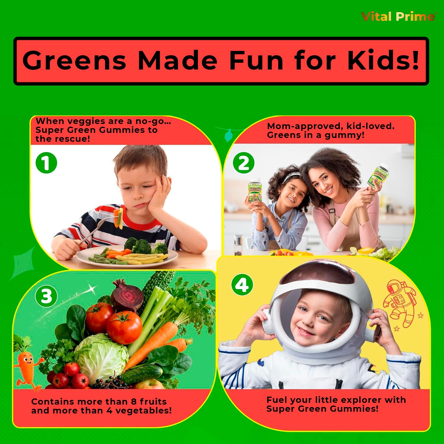 FourRoar Vital Prime Super Green Gummies for Kids 90 Count Strawberry & Watermelon Flavor | Fruit and Vegetable Gummies | Vegan Veggies Gummy Multivitamin for Kids FourRoarAu supplements