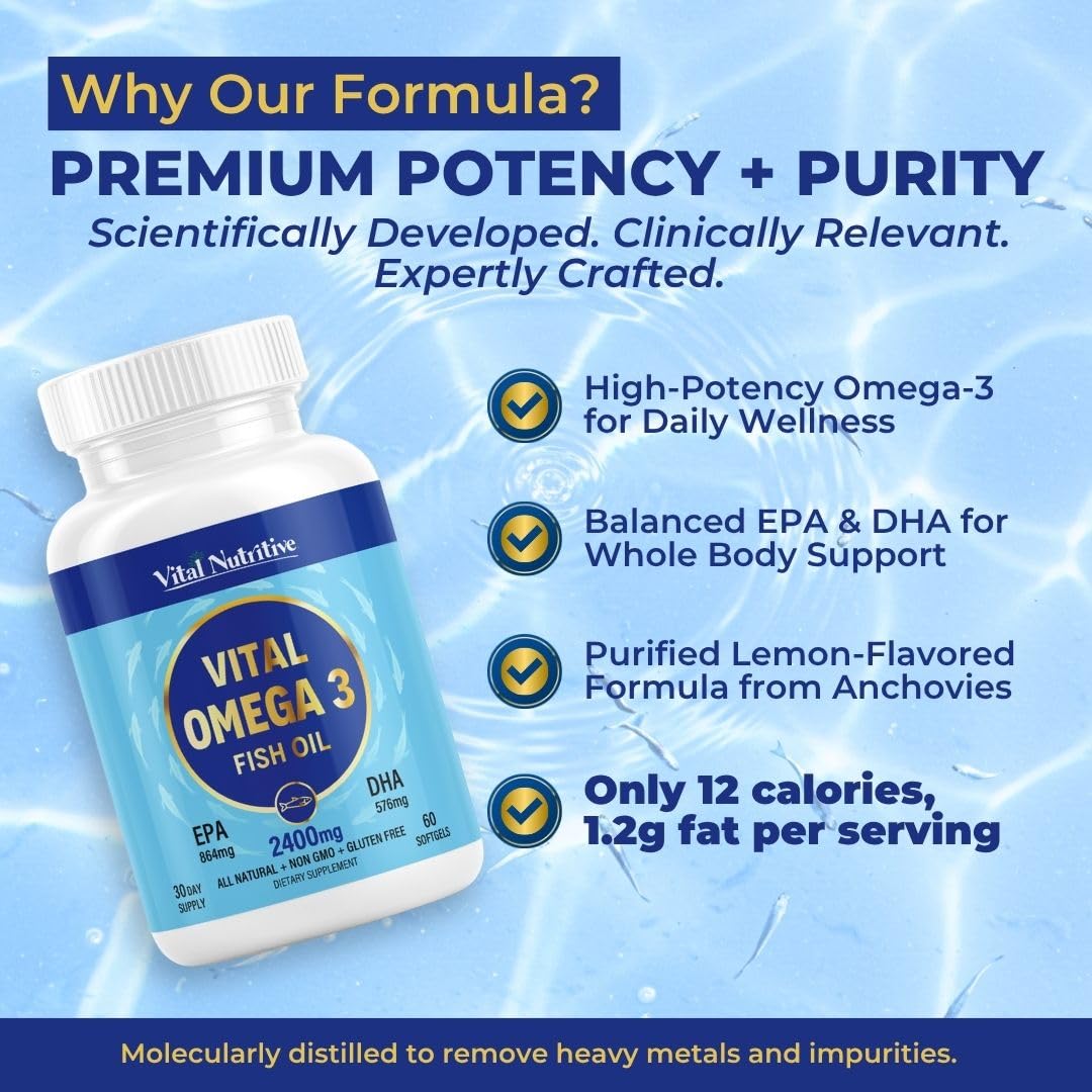 Vital Omega 3 Fish Oil Supplements 2400mg | 864mg EPA & 576mg DHA | 1440mg Total Omega-3 Fatty Acids | Promotes Brain & Heart Health | Non-GMO, Gluten-Free, Sugar-Free | Lemon | 60 Day Servings VITAL NUTRITIVEAu supplements