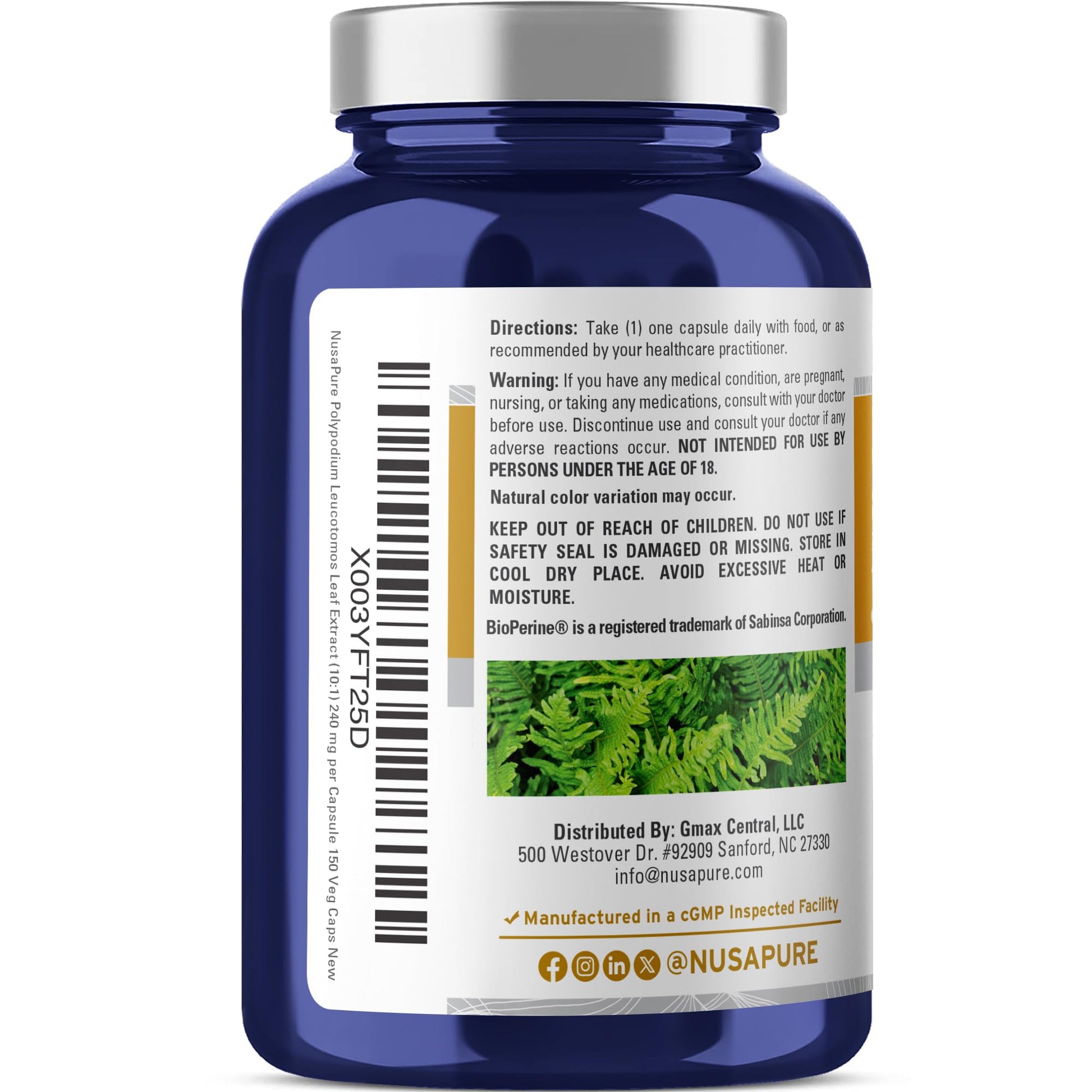 NusaPure Polypodium Nicotinamide 10:1 Extract, 240 mg Equivalent to 2,400 mg per Veg Caps - 150 Count (Non-GMO, Soyfree, Bioperine) NusaPureAu supplements