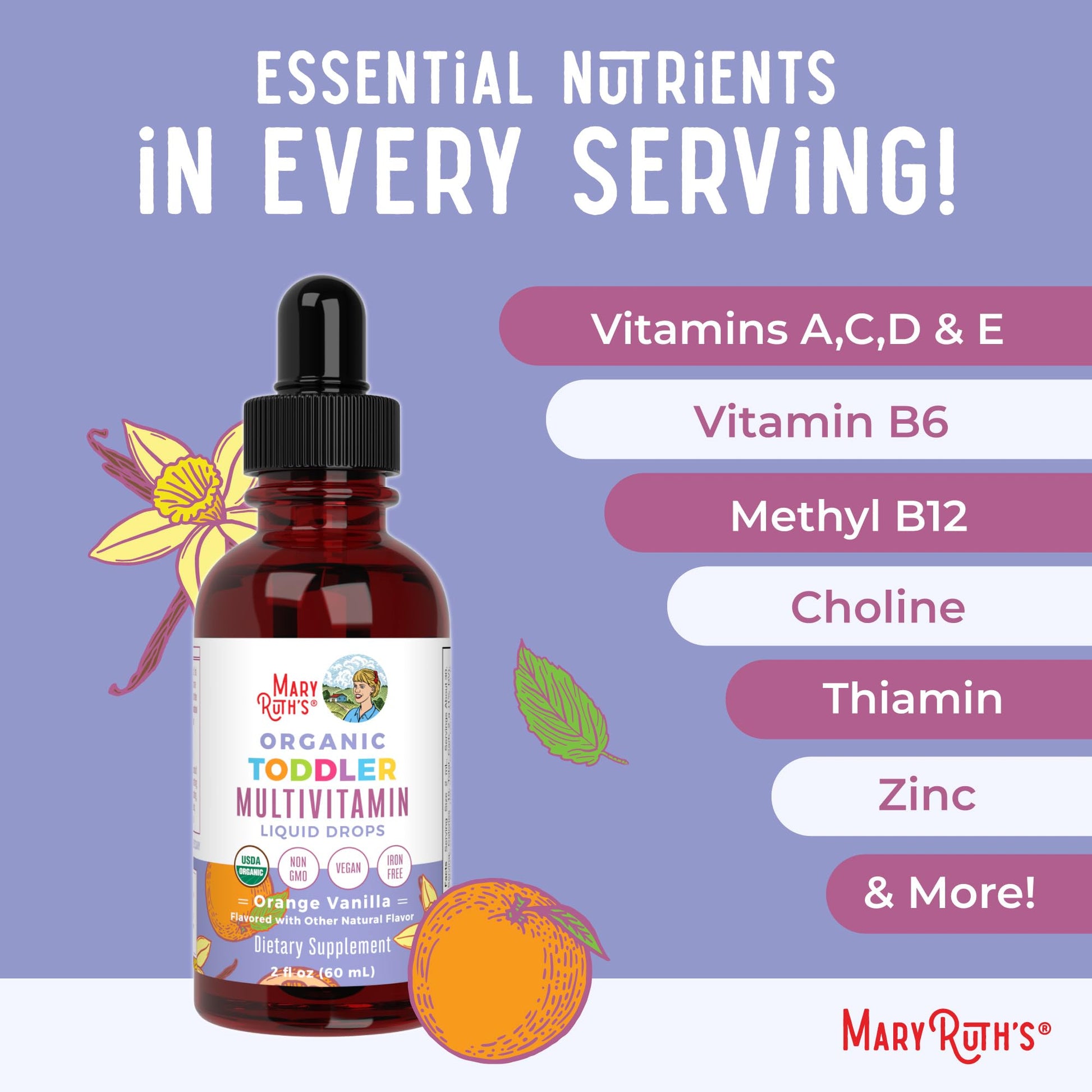MaryRuth's Toddler Multivitamin | Vitamin A C D E B6 B12 Zinc | Healthy Growth Support | Immunity | Bone Health | Cognitive Function | Organic | Sugar Free | Vegan | Non-GMO | 2 Fl Oz | 30 Day Supply MARYRUTH'SAu supplements