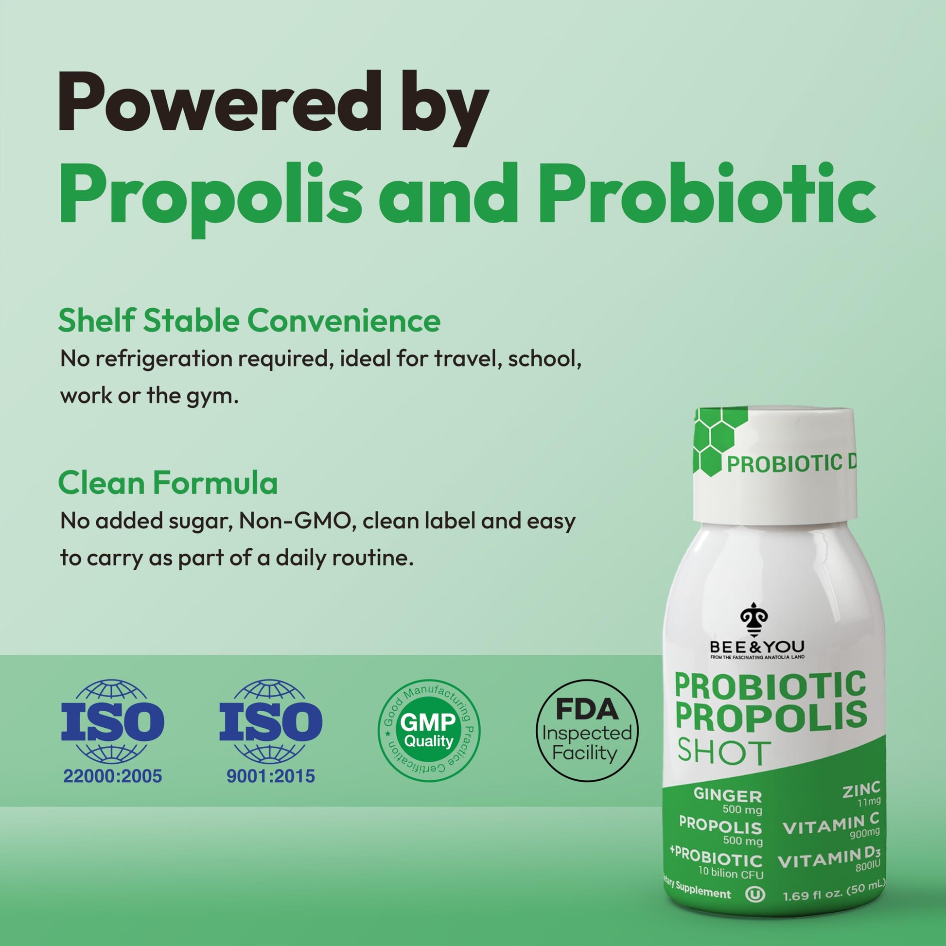 Bee and You Propolis Immune Shot, Probiotic, Vitamin C, Vitamin D3, Zinc, Ginger, Immune Support, Gut Health, Digestive Health, Bioactive 1.69 Fl. oz, 12 Pack BEE & YOUAu supplements