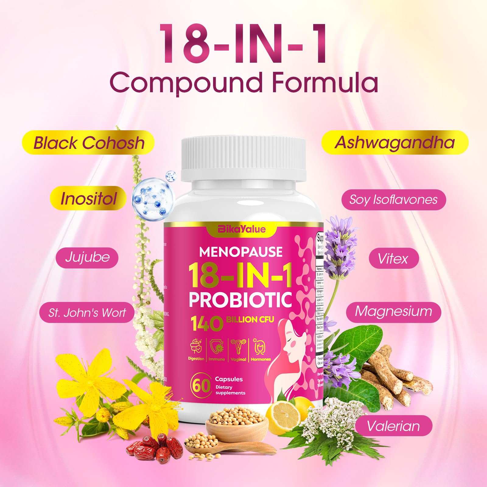 Menopause Supplements for Women, 140 Billion CFU Probiotics, 18-in-1 Menopause Relief with Magnesium, Black Cohosh, Inositol, Hormone Harmony for Women, Night Sweats, Mood Swings, Immunity - 60 Caps BIKAYALUEAu supplements