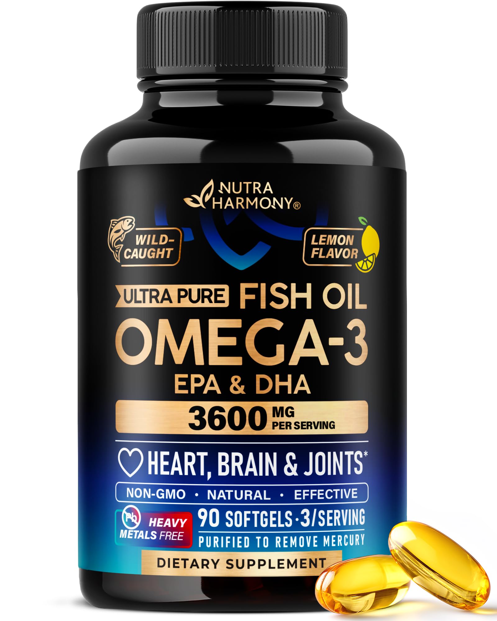 Omega 3 Fish Oil 3600 mg - Omega 3 Supplement | EPA & DHA - Heavy Metals Free - Heart, Brain & Joint Support - Purified Fish Oil for Men & Women - Lemon Flavored - Made in USA, 90 Softgels NUTRAHARMONYAu supplements