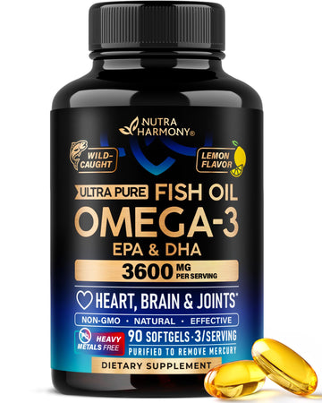 Omega 3 Fish Oil 3600 mg - Omega 3 Supplement | EPA & DHA - Heavy Metals Free - Heart, Brain & Joint Support - Purified Fish Oil for Men & Women - Lemon Flavored - Made in USA, 90 Softgels NUTRAHARMONYAu supplements