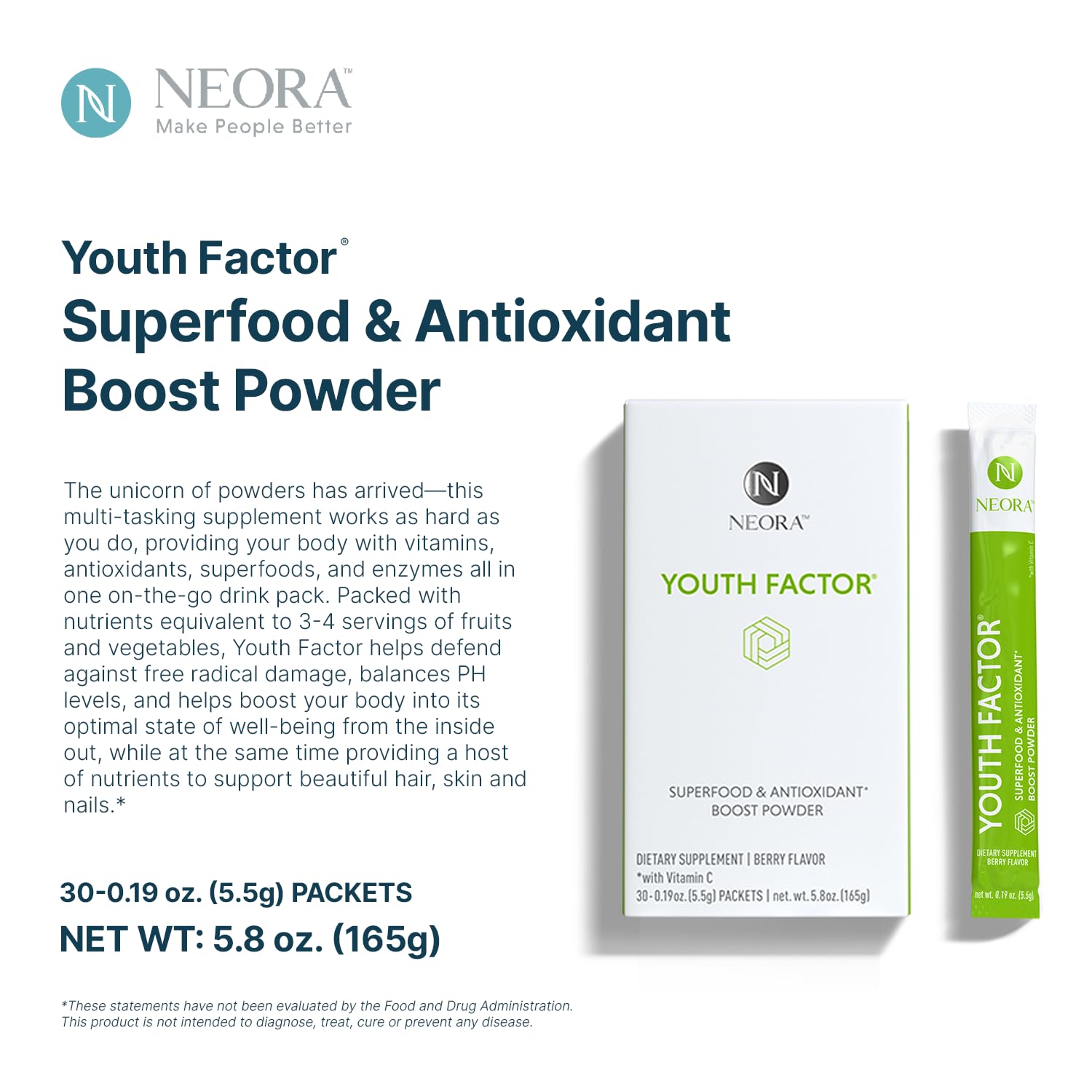 NEORA Youth Factor - Superfood Boost Powder - pH Balance, Hair Skin Nails Support, Fruits & Veggies Equivalent, Nutrient Absorption - 30 Packets NEORAAu supplements