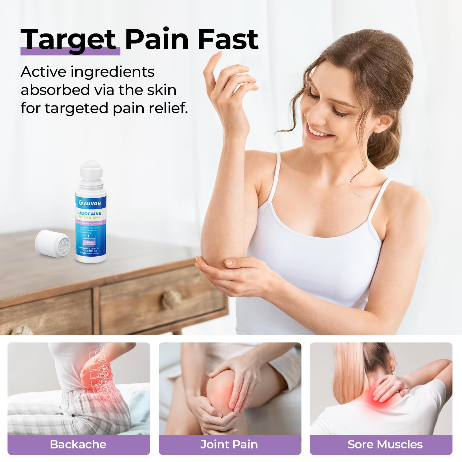 AUVON Max Strength Lidocaine Pain Relief Roll-On with Lavender Essential Oil, No Mess Applicator, Quick Absorbing to Numb & Soothe Pain Relief for Knees, Shoulders, 2.5 Oz, 2 Packs AUVONAu supplements