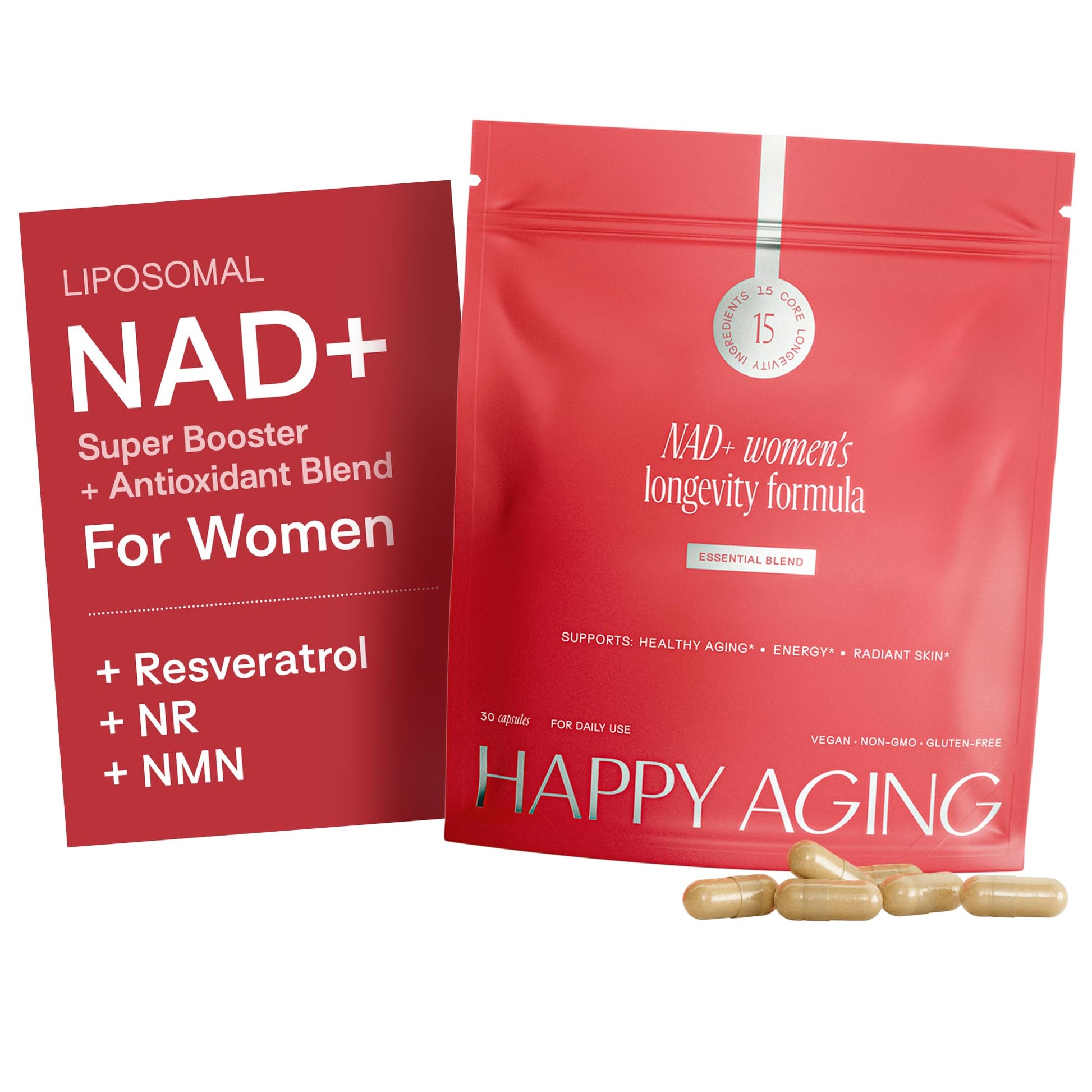 Happy Aging Essential Longevity Formula, NAD+ Super Booster with NR, NMNH & Liposomal β-NAD+, Organic Antioxidant Superfruit Blend for Cellular Energy, Skin Hydration & Daily Vitality, 30 Capsules Happy AgingAu supplements