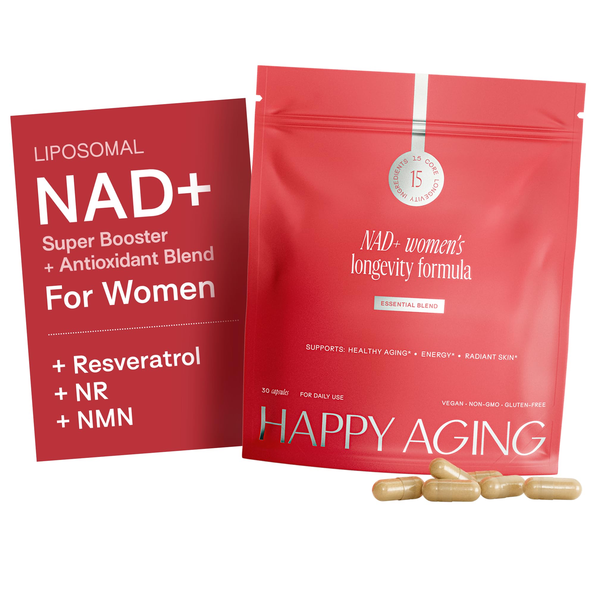 Happy Aging Essential Longevity Formula, NAD+ Super Booster with NR, NMNH & Liposomal β-NAD+, Organic Antioxidant Superfruit Blend for Cellular Energy, Skin Hydration & Daily Vitality, 30 Capsules Happy AgingAu supplements