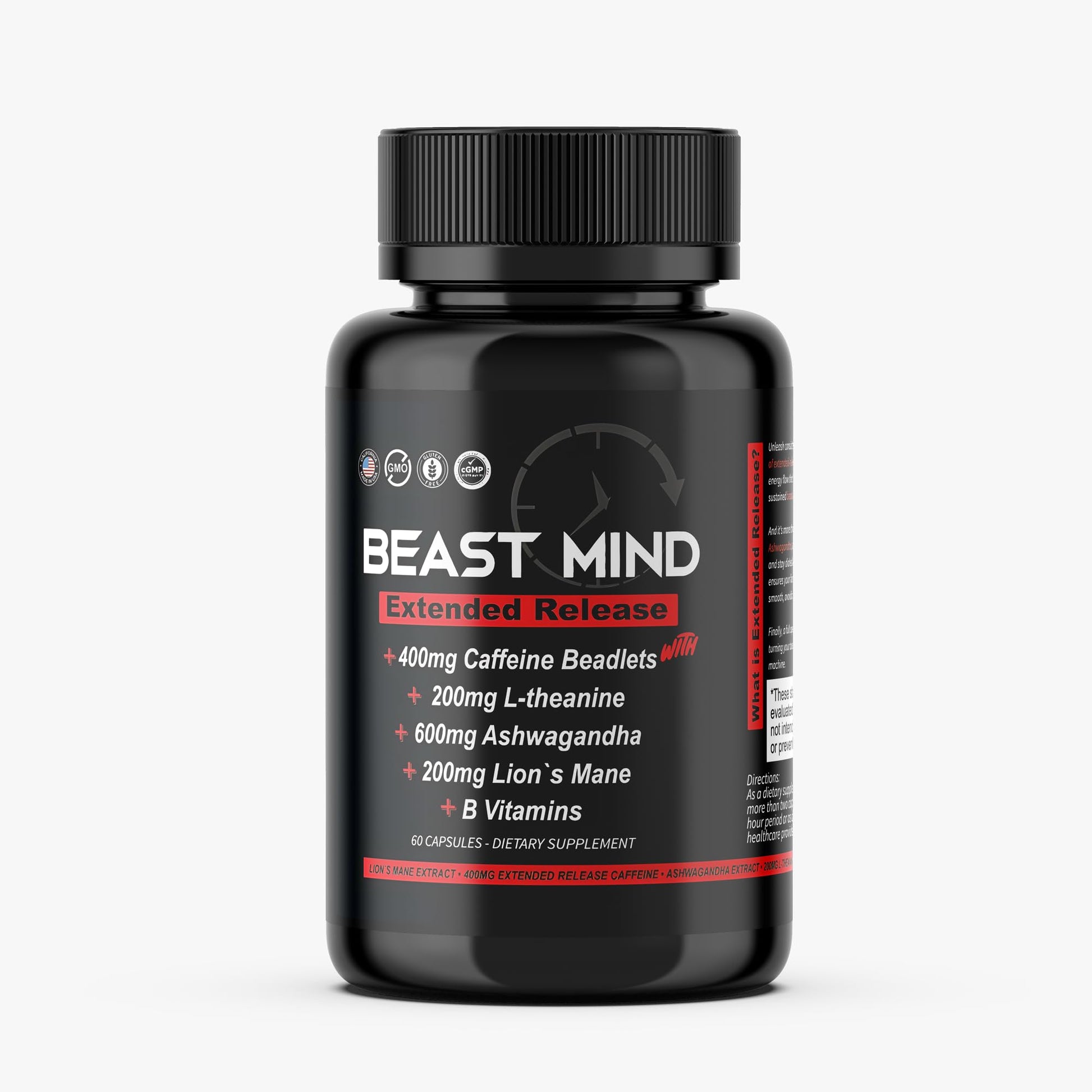 Beast Mind Extended Release Extreme Energy Pills | 400mg XR Caffeine | 600mg Ashwagandha | 200mg Lion's Mane, Increased Energy & Focus, Natural Nootropic Labs Beast MindAu supplements