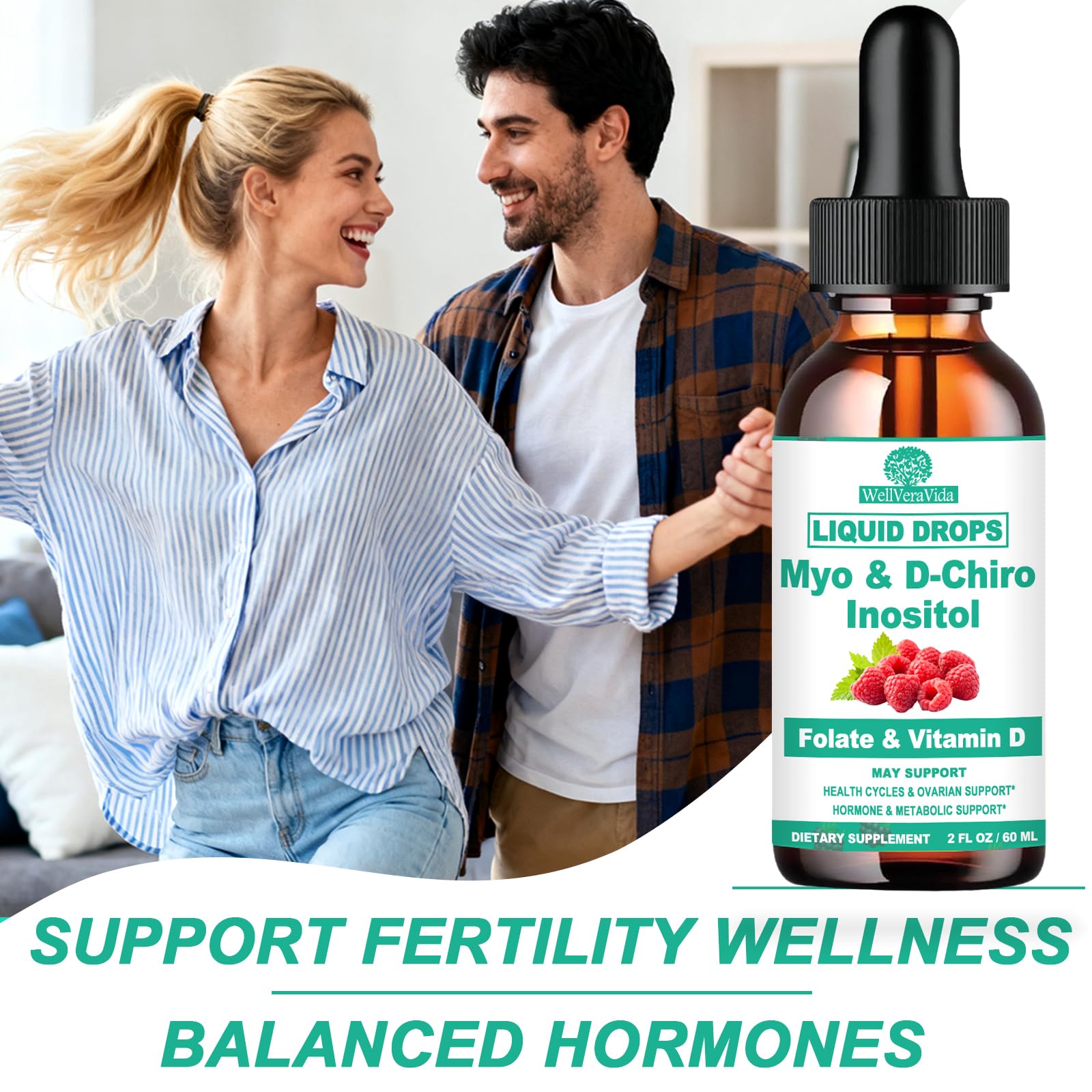 Myo Inositol & D-Chiro Inositol Supplement Liquid for Women- Ideal 40:1 Ratio Inositol Drops with MTHF Folate, Magnesium, Vitamin D, Supports Hormone Balance, Regular Cycles & Ovarian Health丨Vegan WellVeraVidaAu supplements