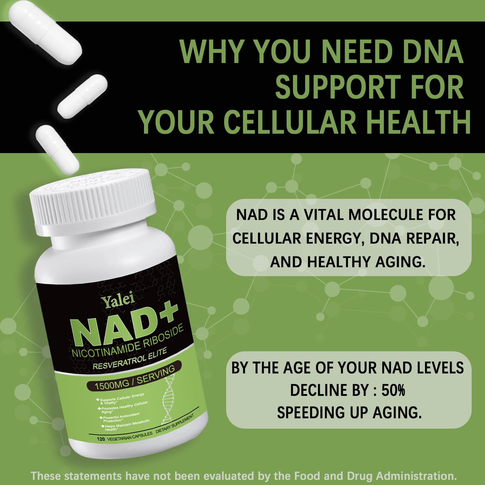 Yalei NAD Resveratrol Supplement 1500mg,120 Veggie Capsules | Liposomal NAD Plus Boosting | Support Cellular Health, Stamina & Healthy Aging for Women & Men | Non-GMO YaleiAu supplements