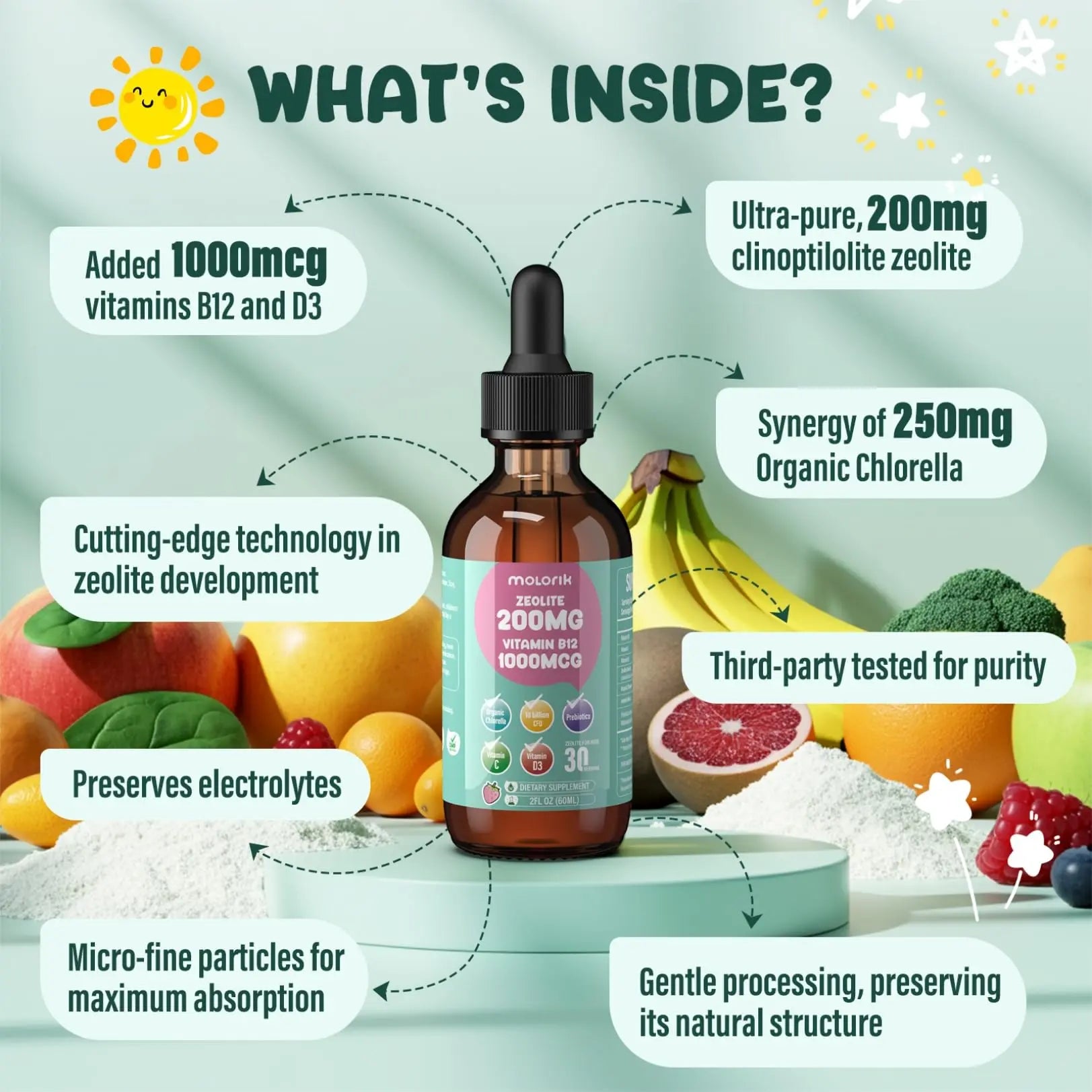 Zeolite Detox for Kids and Adults, 200mg Zeolite Liquid Drops with 1000mcg Vitamin B12, Organic Chlorella, 10 billion CFU & Prebiotics for Gut Support & Speech, Immune, Bone, Energy*, Strawberry, 60ML molorik purenz supplements