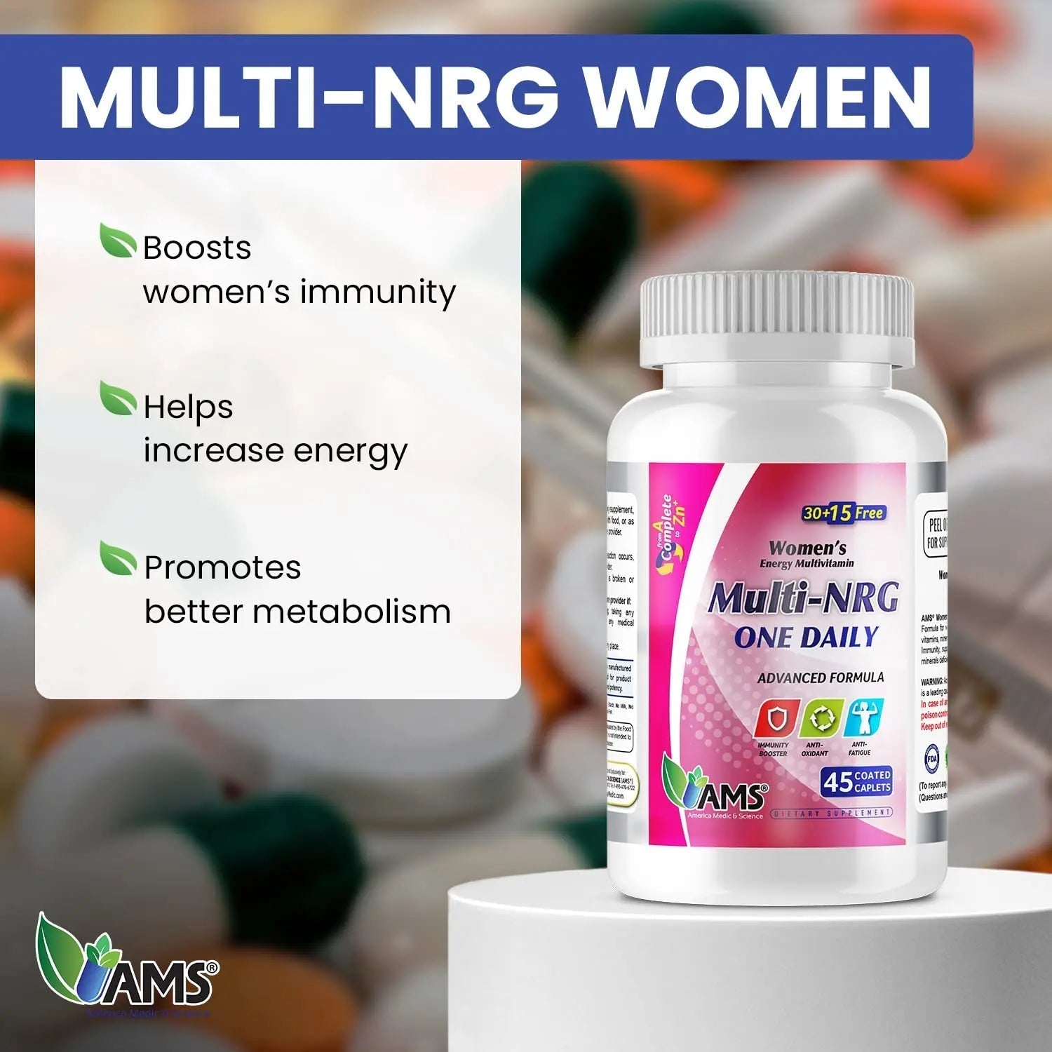 America Medic & Science Multivitamins for Women, Multi-NRG, 45 Coated Caplets, One Daily, Immune Support Supplements, Vitamin C & B Complex America Medic & ScienceAu supplements
