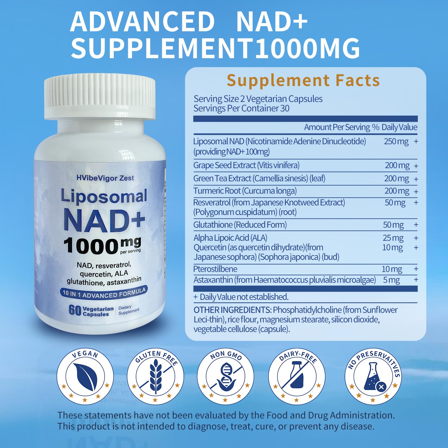 NAD Supplement 1000mg, Liposomal NAD+ Supplement with Resveratrol, Glutathione & Astaxanthin - Support Cellular Health, Stamina & Healthy Aging, NMN Supplement Alternative – 60 Capsules HVibeVigor ZestAu supplements