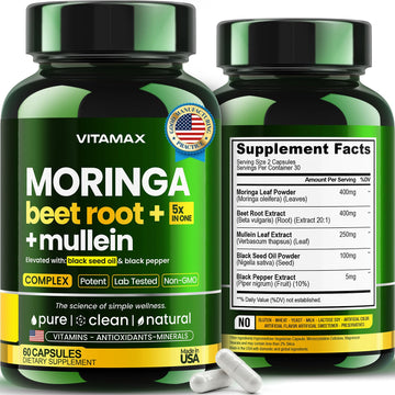 Moringa Capsules, Beet Root, Mullein Leaf - Energy, Skin, Immune Supplement Superfood, Rich in Antioxidants, Minerals & Essential Vitamins - High Absorption Non-GMO - Made in USA - 60ct VitamaxAu supplements