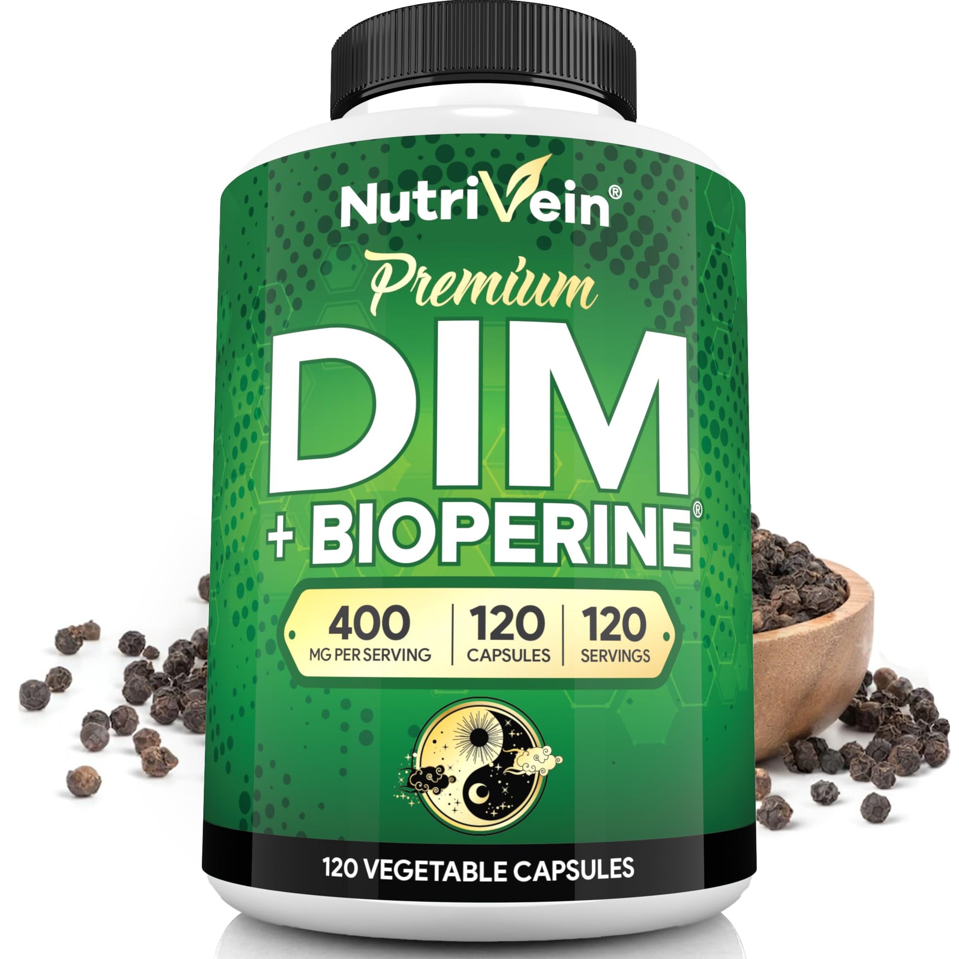 Nutrivein Premium DIM Supplement 400 mg Daily - 120 Servings (120 Capsules): Diindolylmethane for Women and Men - Plus Bioperine - Estrogen Supplement - Menopause and Middle Age Support NutriveinAu supplements