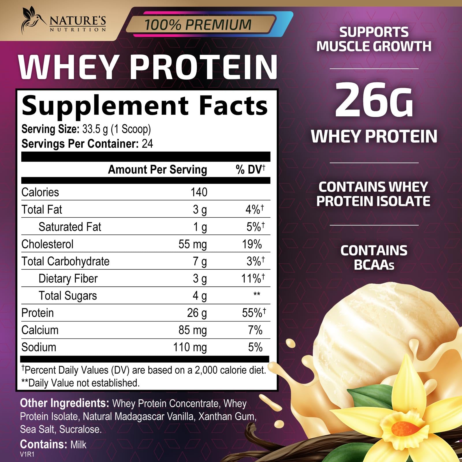Whey Protein Powder 26g - Vanilla Ice Cream Whey Isolate Protein for Muscle Growth Nature's NutritionUS supplements