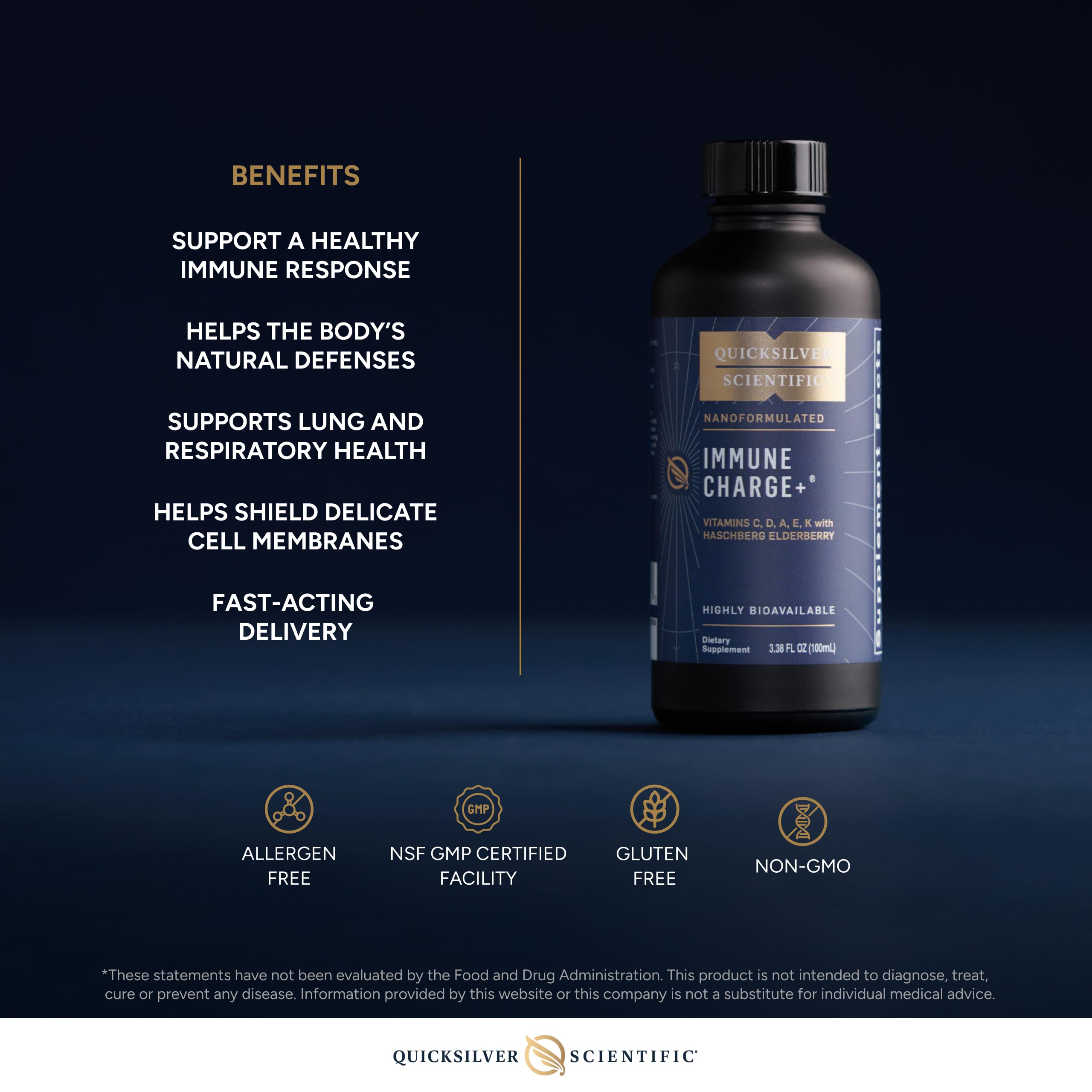 Quicksilver Scientific Immune Charge+ - Elderberry with 10,000 IU Vitamin D3, 25,000 Vitamin A, C, E, K1 & K2 for Immune Health & Lung Support (100ml) Quicksilver ScientificUS supplements
