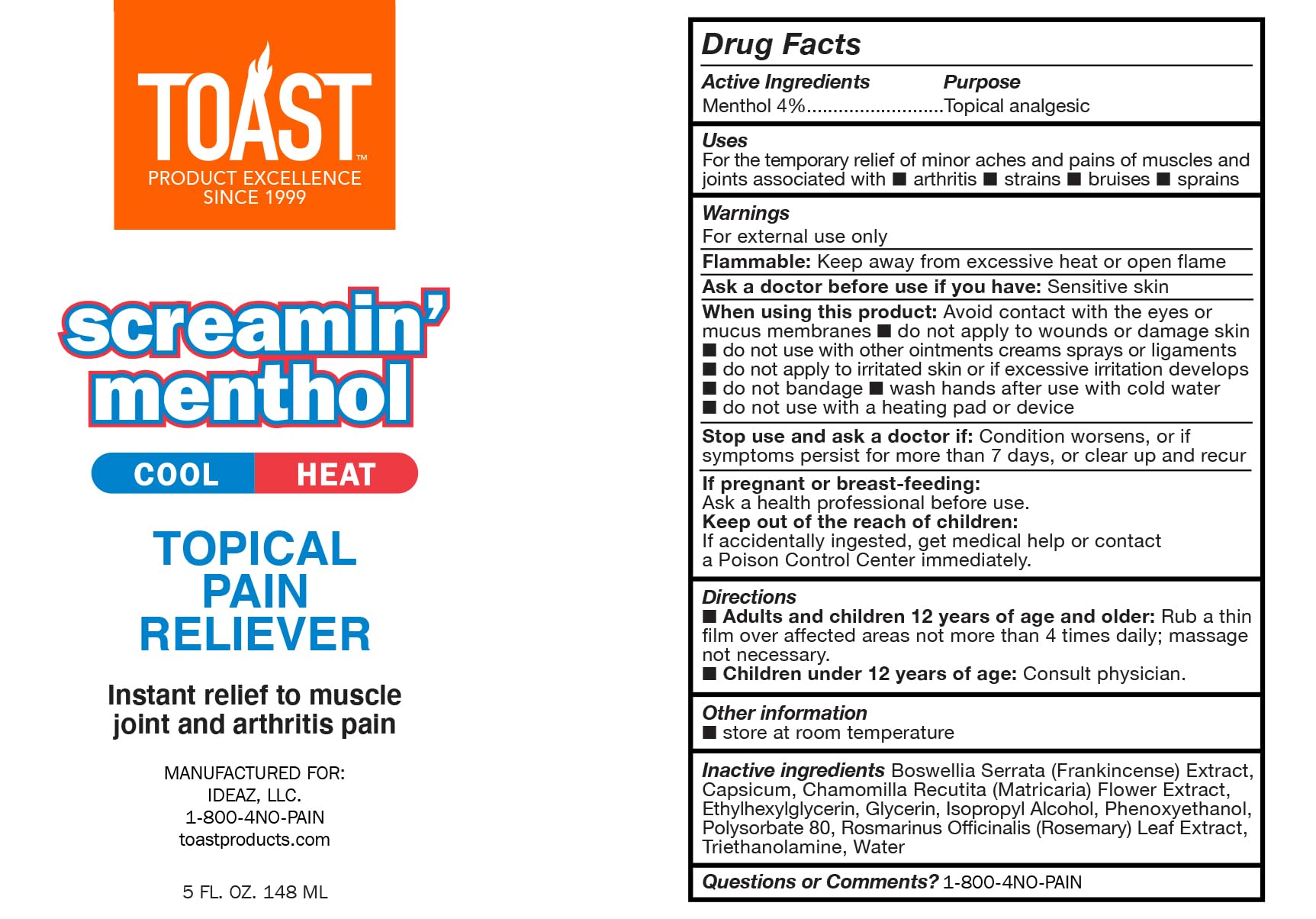 Toast Screamin Menthol Cool Heat Topical Pain Relief Cream for Muscles and Joints - 5 Ounces ToastAu supplements