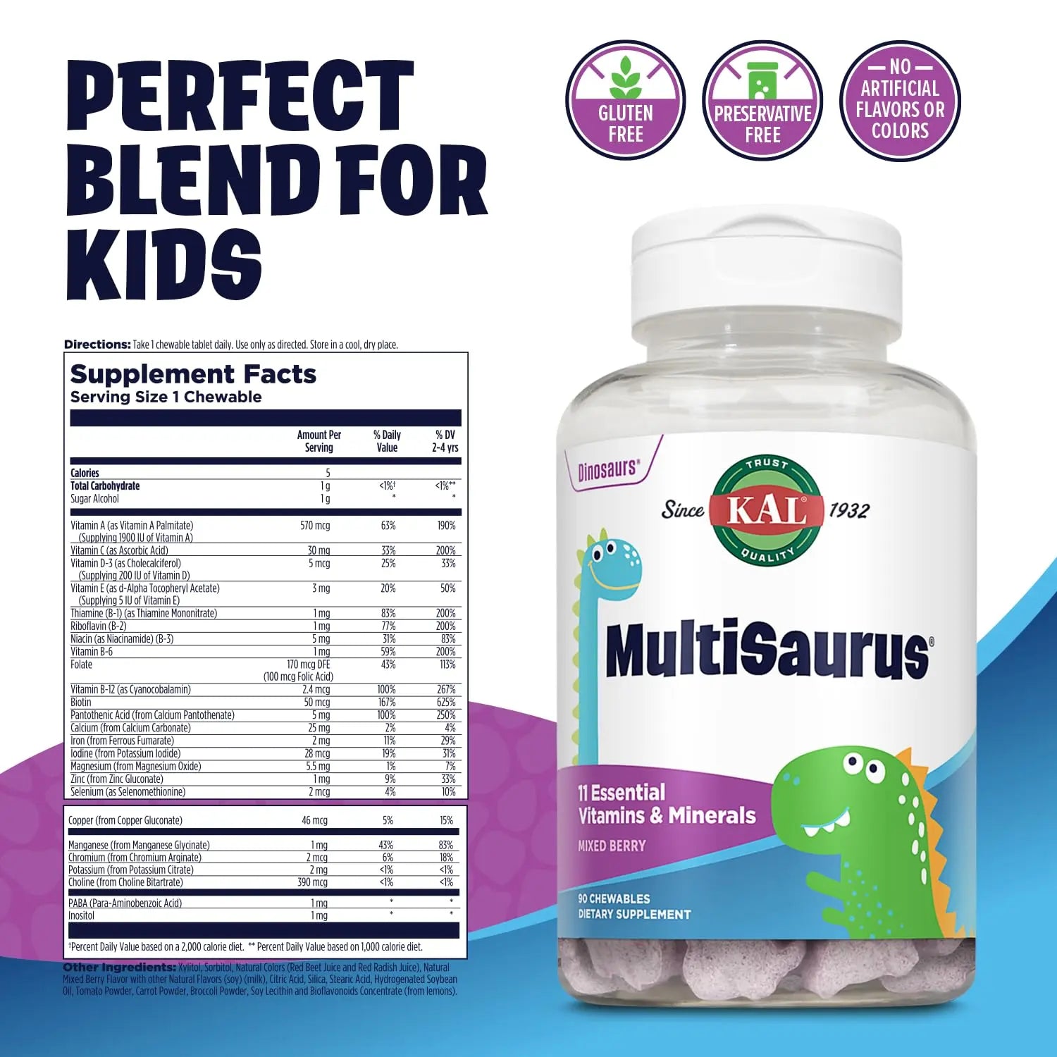 KAL MultiSaurus Kids Chewable Multivitamins, 11 Essential Vitamins and Minerals for Kids, Mixed Berry Flavor, Gluten and Preservative Free KALAu supplements