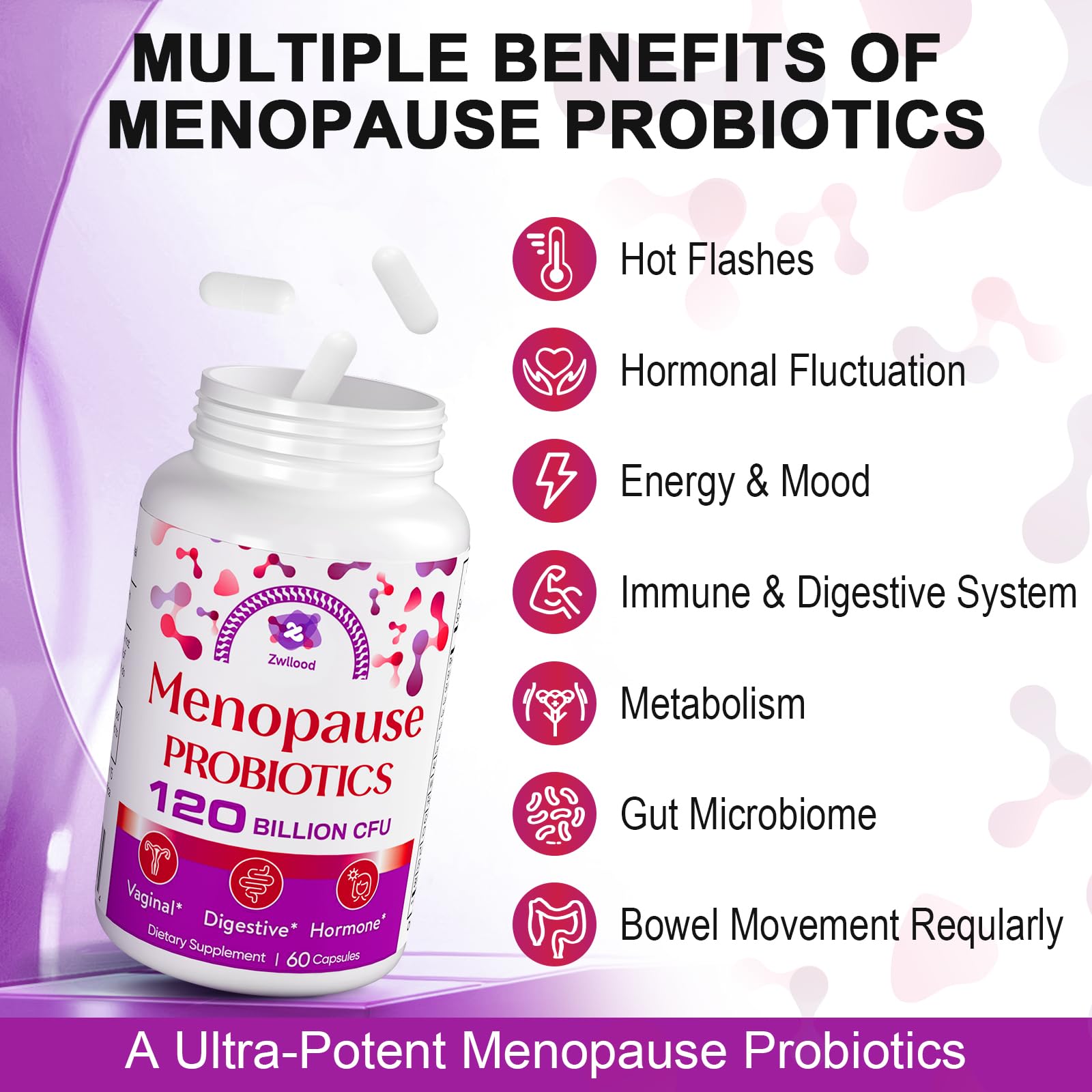 Menopause Supplements for Women, 120 Billion CFU Menopause Probiotics for Women, All-Natural Probiotic for Hot Flashes Menopause, Night Sweats, Mood Swings, Gut and Hormone - 60 Herbal Capsules ZwlloodAu supplements