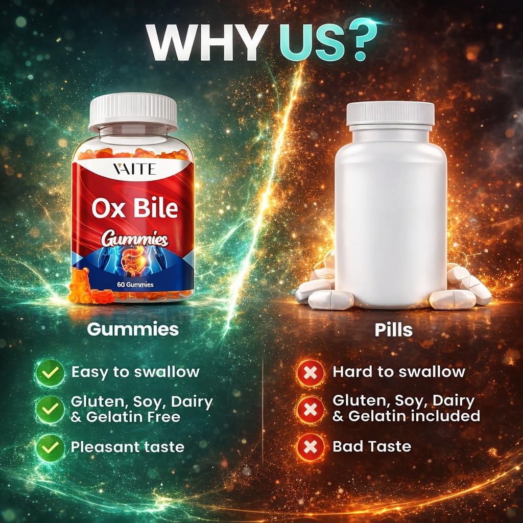 VAITE Ox Bile Gummies – 500mg Digestive Support for Gallbladder & Gut Health – Non-GMO, Sugar-Free Supplement – Helps Nutrient Absorption & Bile Flow – 60 Easy-to-Chew Bile Acid Chewables VAITEAu supplements