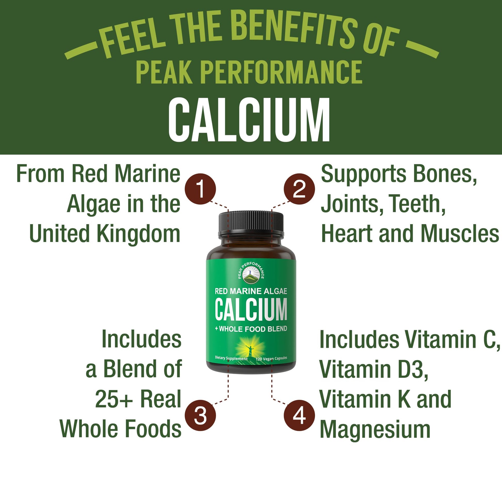 Plant Based Calcium - Red Marine Algae Calcium Supplement with Vitamin C, D3, K, Magnesium, and Whole Food Vegetable Blend. Vegan Capsules for Bones and Joints. 120 Pills, Tablets Peak PerformanceAu supplements