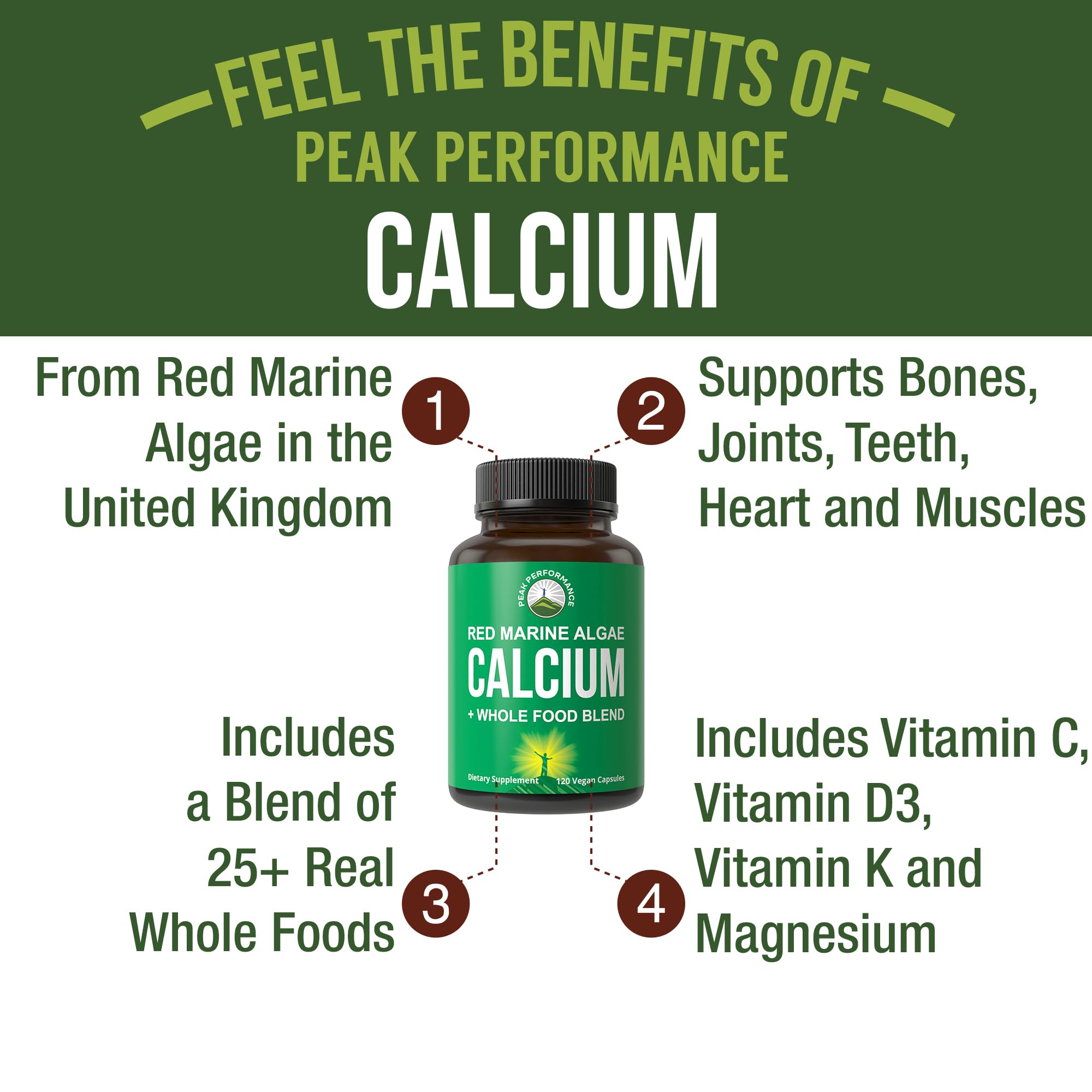 Plant Based Calcium - Red Marine Algae Calcium Supplement with Vitamin C, D3, K, Magnesium, and Whole Food Vegetable Blend. Vegan Capsules for Bones and Joints. 120 Pills, Tablets Peak PerformanceAu supplements