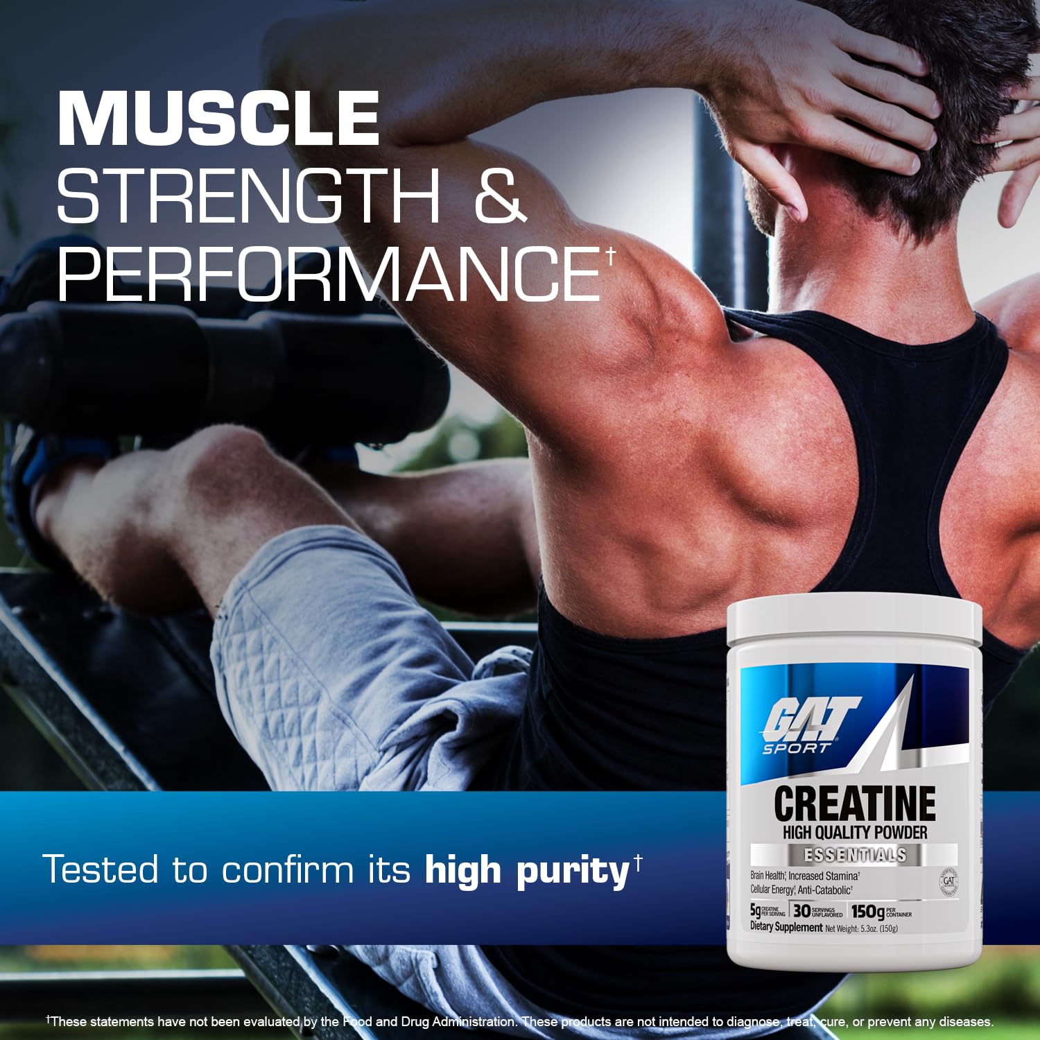GAT SPORT Creatine Monohydrate Powder, 150 Grams, Strength, Brain Health, GLP1 Support Anti-oxidant, Endurance, for Men & Women, 1 Month Supply, Unflavored (30 Servings) GAT SPORTAu supplements