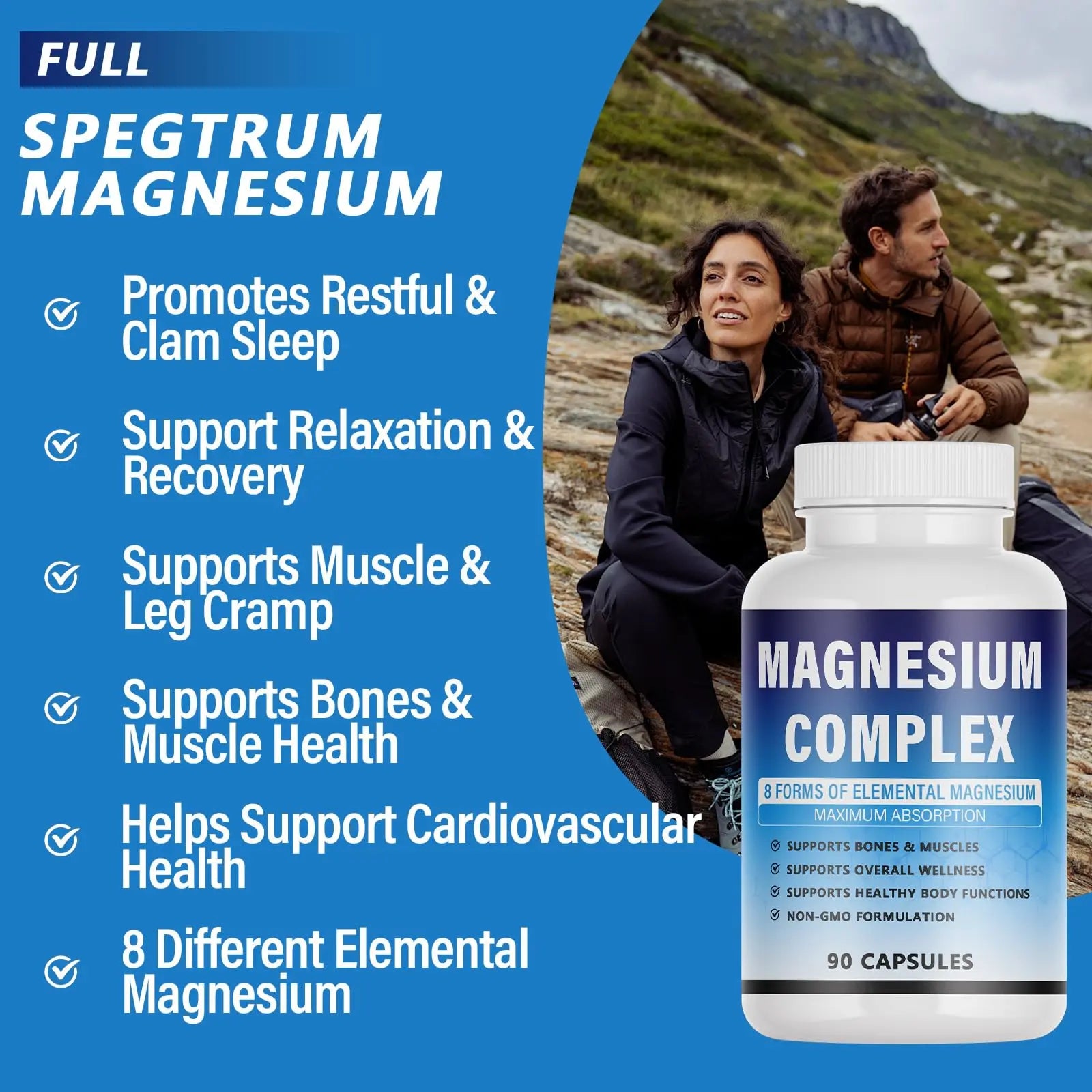 Magnesium Complex Supplement - 8 Elemental Magnesium 1000mg - Glycinate, Citrate, Malate, Taurate Chelated | Easy Absorption, Energy Support | Vegan Non-GMO, 90 Capsules (1pc) KFUKFUnz supplements